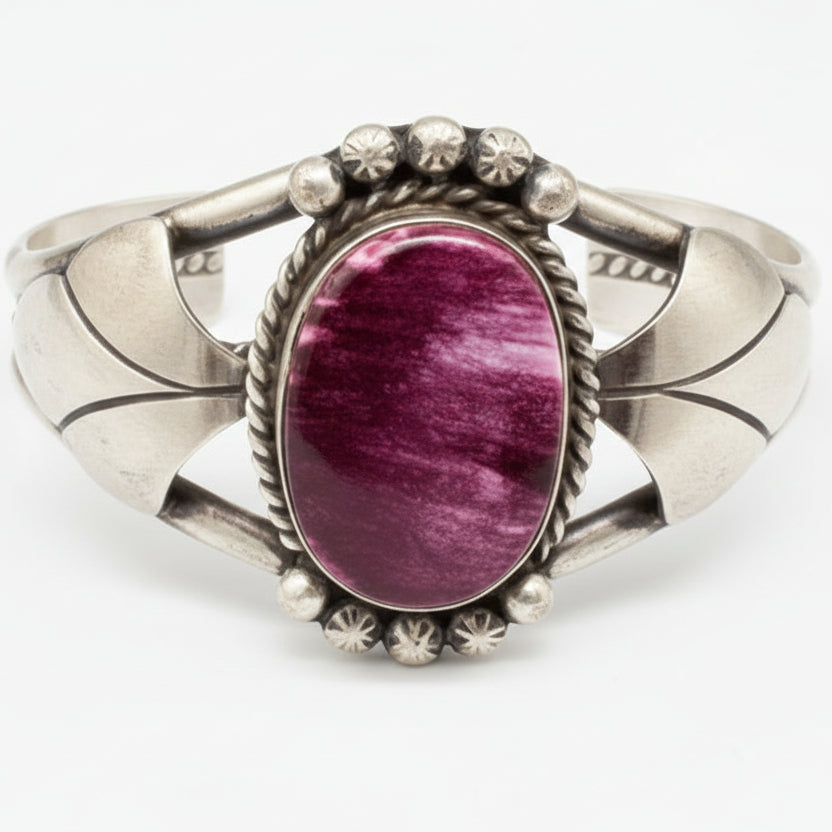 Auggie L Sterling Cuff with Rope Sides, Leaf Motif & Center Rhodochrosite Stone