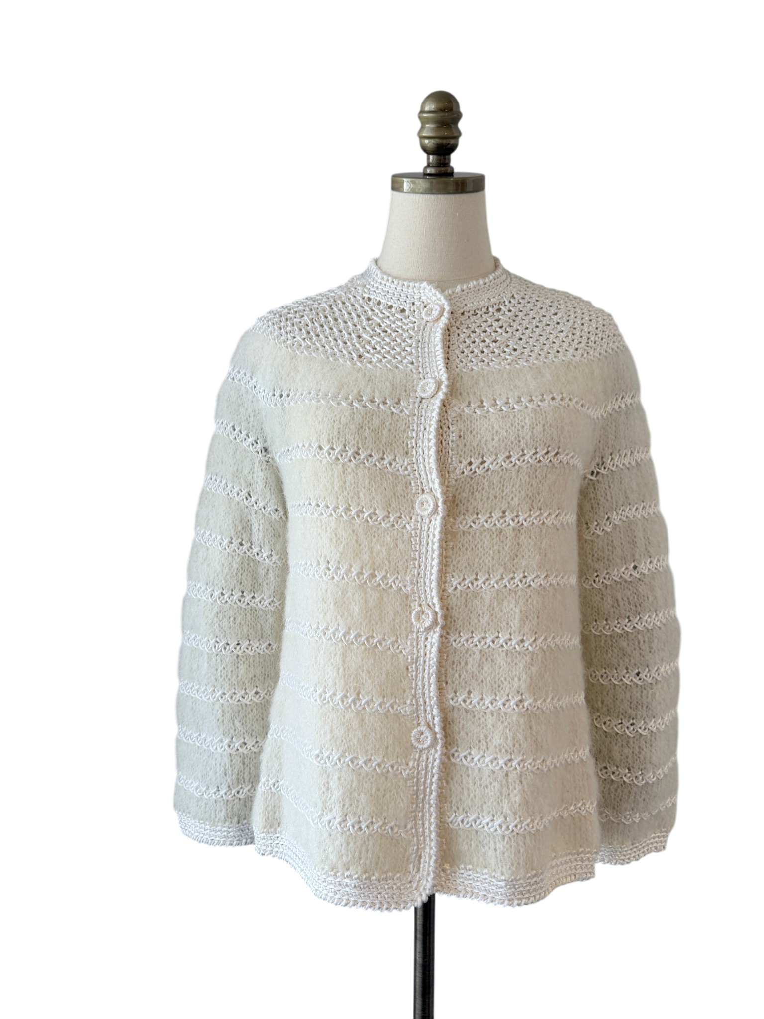 1950s Anastasia of Tasi Ivory Mohair &amp; Ribbon Crocheted Cardigan