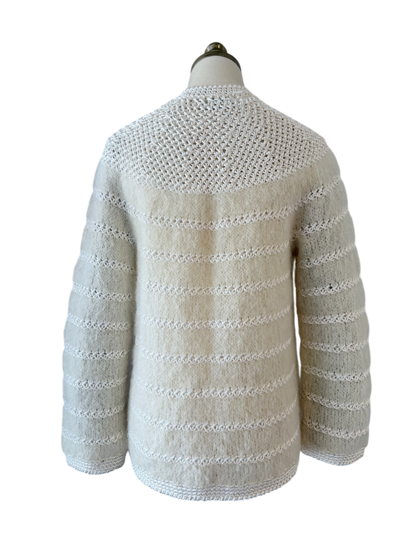 1950s Anastasia of Tasi Ivory Mohair &amp; Ribbon Crocheted Cardigan
