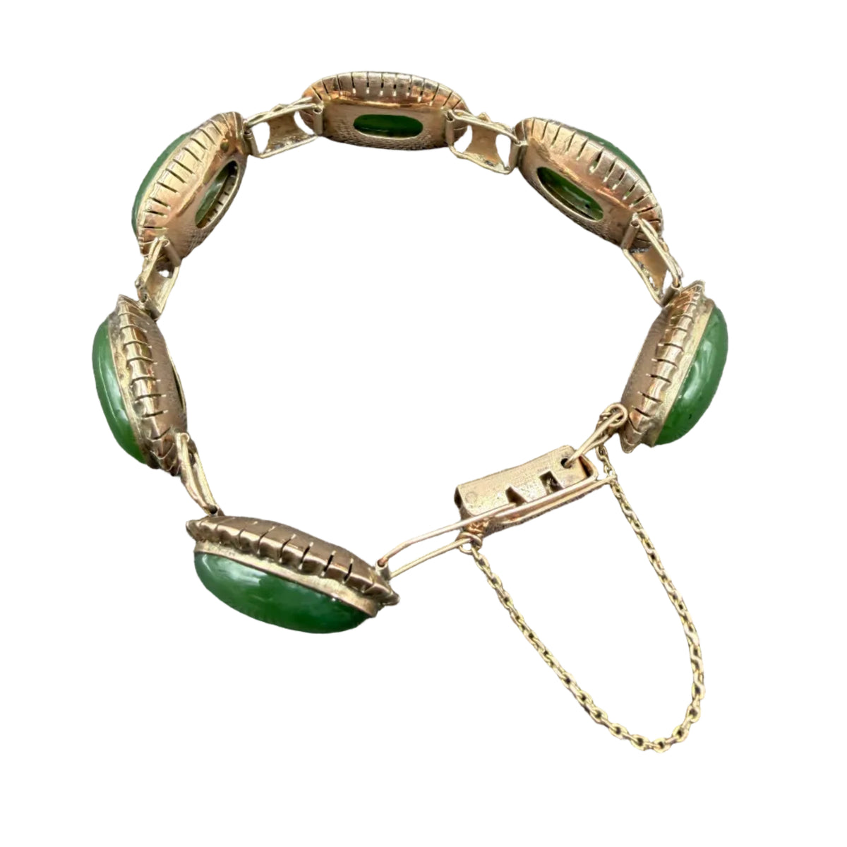 Art Deco 14K Gold Oval Link Bracelet with Jade Cabochons