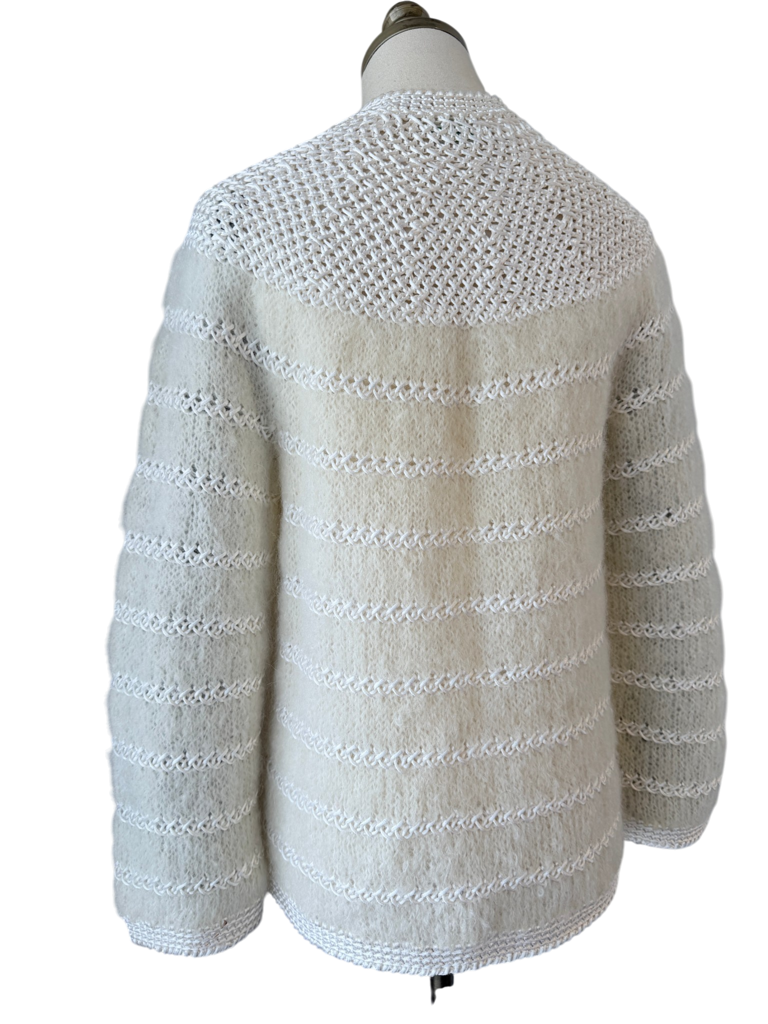 1950s Anastasia of Tasi Ivory Mohair & Ribbon Crocheted Cardigan