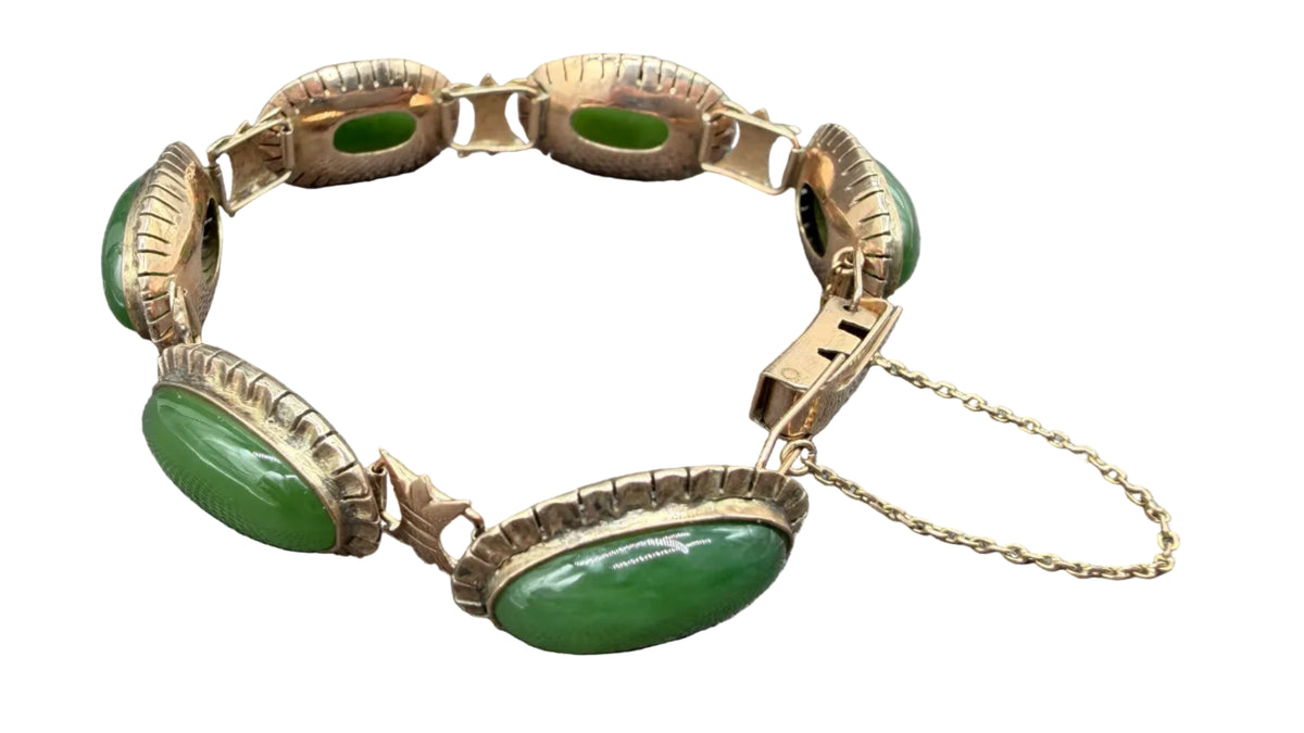 Art Deco 14K Gold Oval Link Bracelet with Jade Cabochons