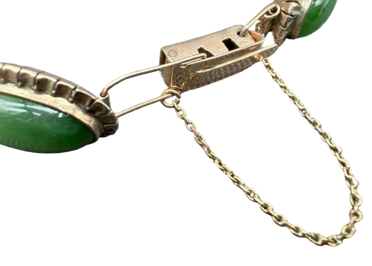 Art Deco 14K Gold Oval Link Bracelet with Jade Cabochons