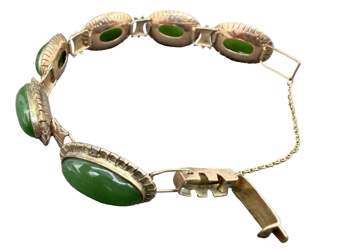 Art Deco 14K Gold Oval Link Bracelet with Jade Cabochons
