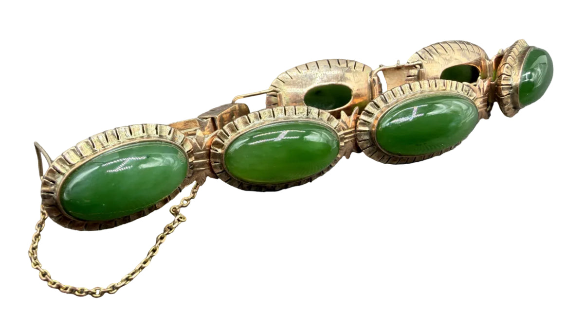 Art Deco 14K Gold Oval Link Bracelet with Jade Cabochons