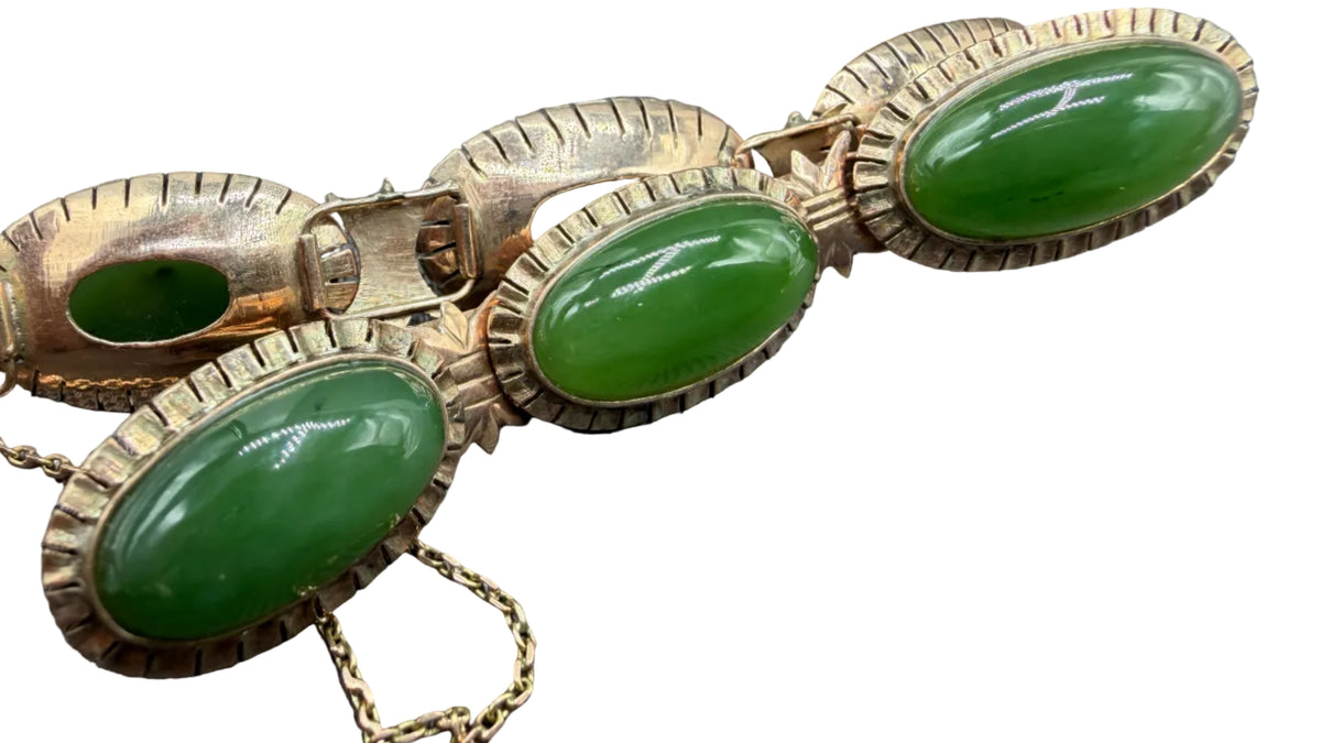 Art Deco 14K Gold Oval Link Bracelet with Jade Cabochons