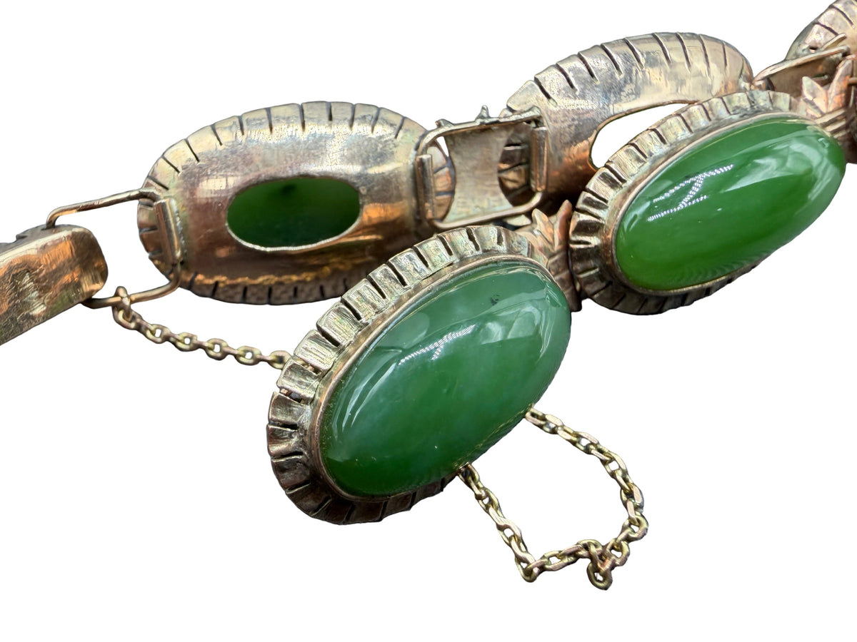 Art Deco 14K Gold Oval Link Bracelet with Jade Cabochons