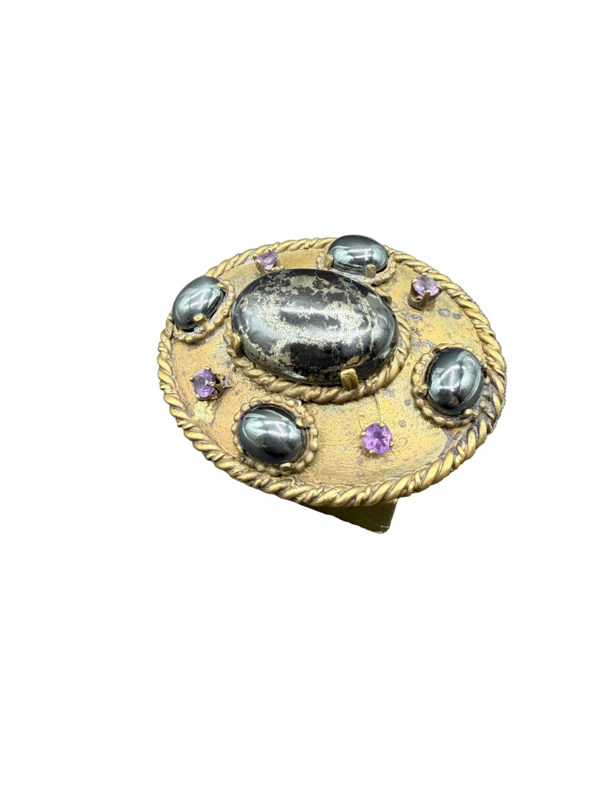 1960s Brass Statement Ring with Healer’s Gold, Hematite & Amethyst