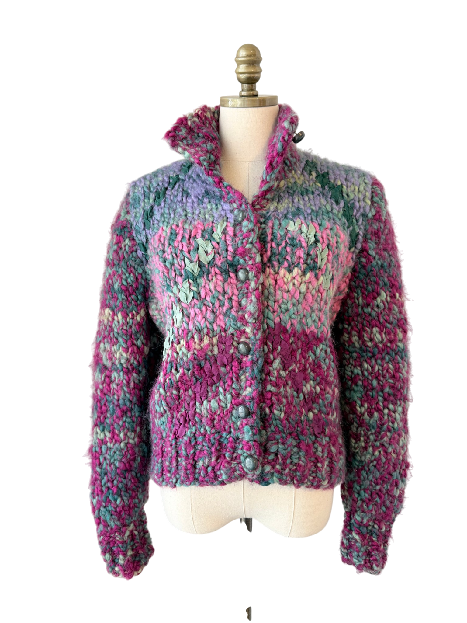 1970s Susan Toplitz Chunky Wool Button-Front Sweater with Woven Ribbon Detail