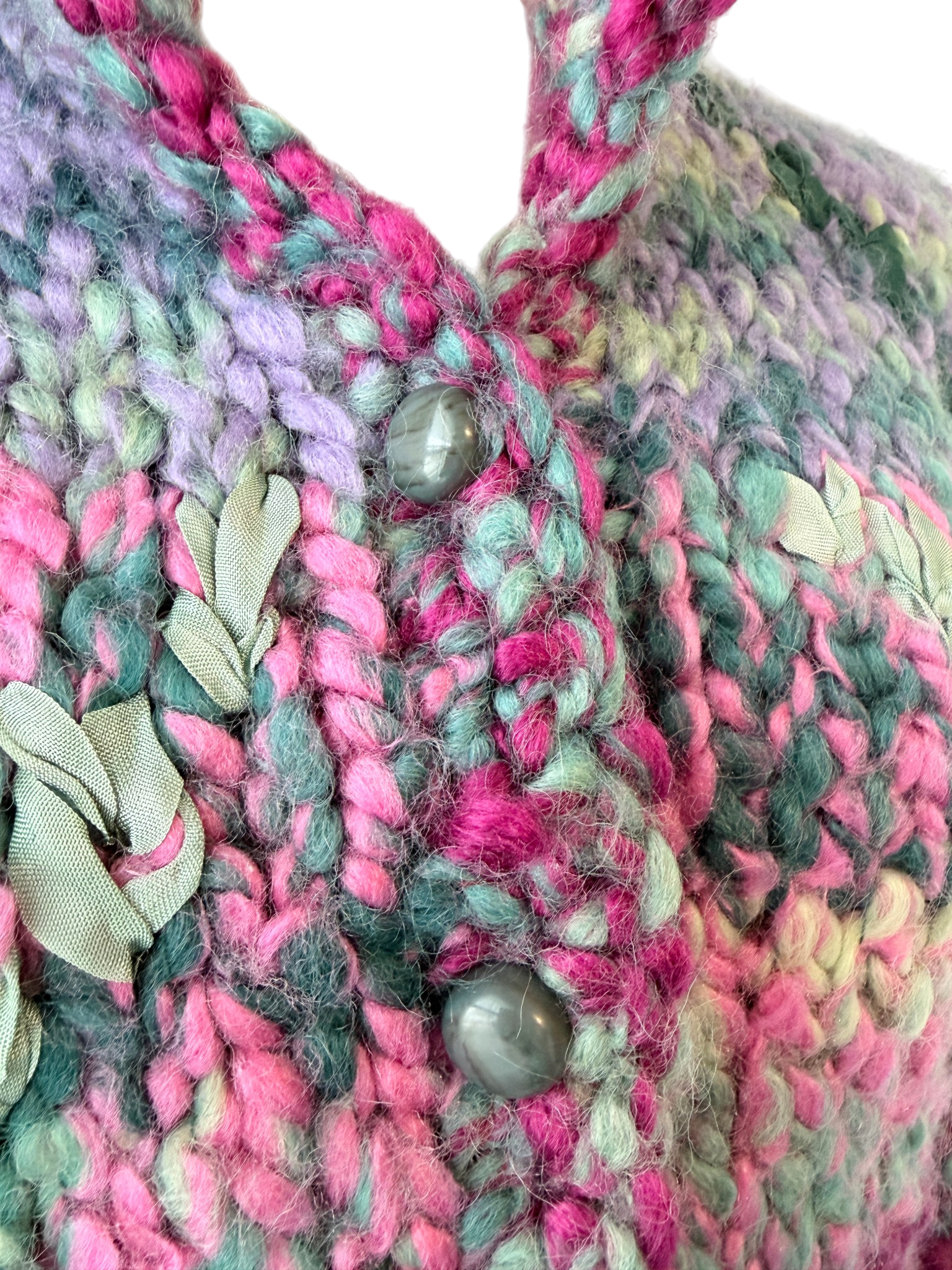 1970s Susan Toplitz Chunky Wool Button-Front Sweater with Woven Ribbon Detail