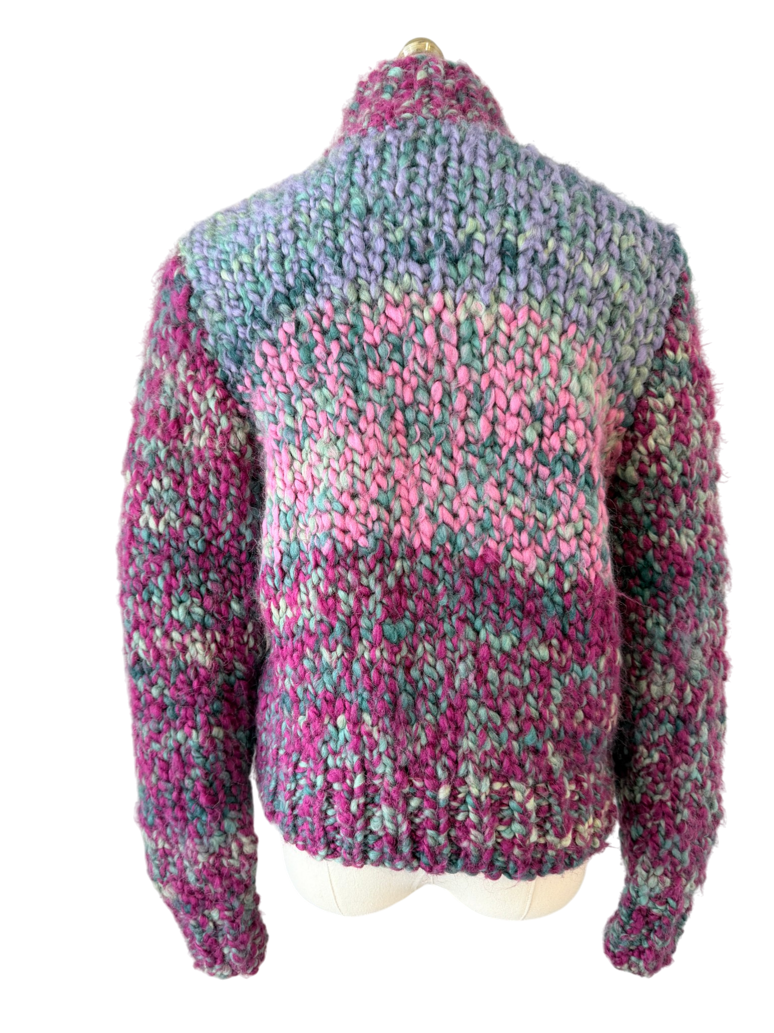 1970s Susan Toplitz Chunky Wool Button-Front Sweater with Woven Ribbon Detail