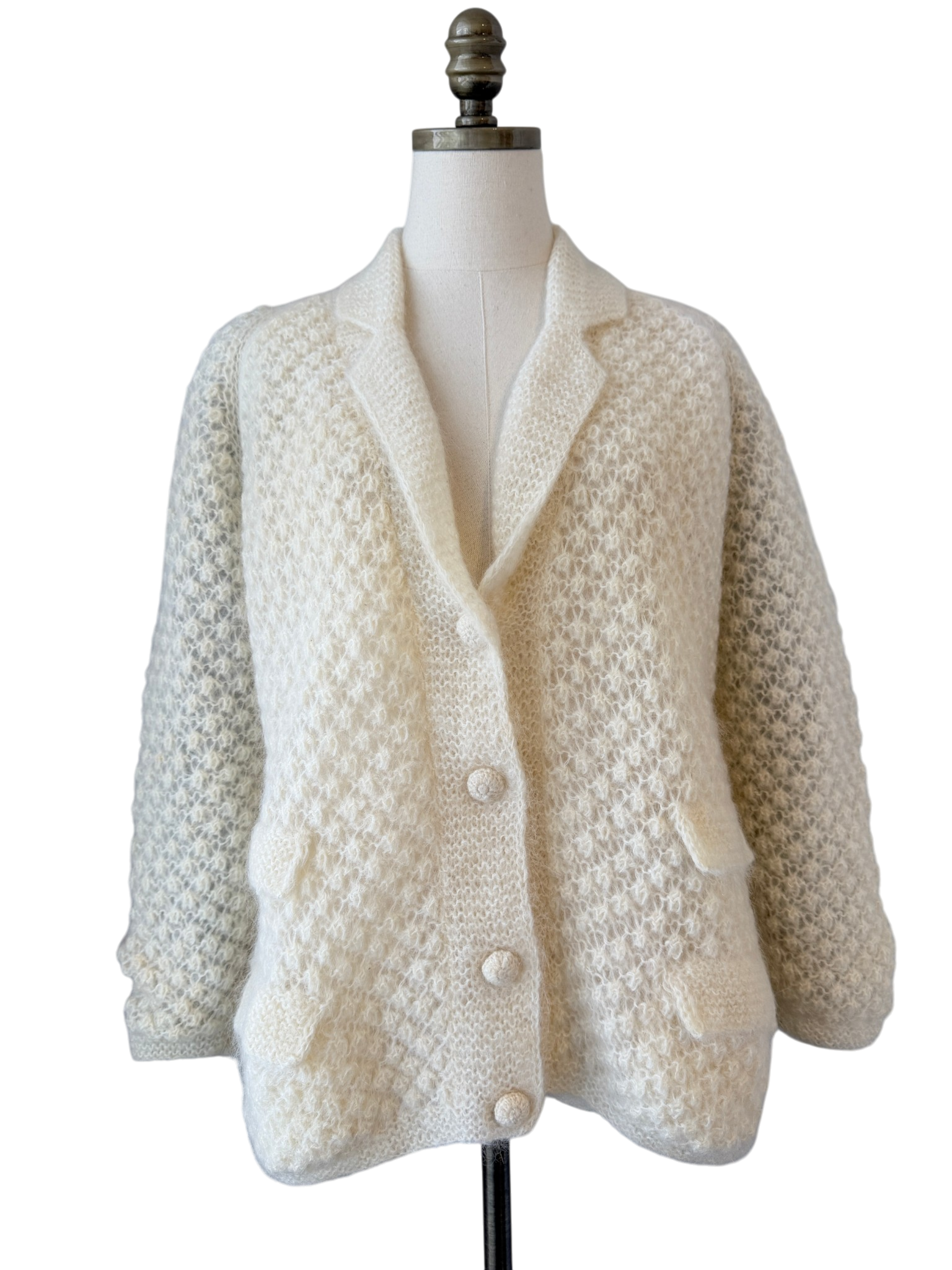1950s Made in Hong Kong Mohair & Wool Knit Lined Button-Front Cardigan with Collar