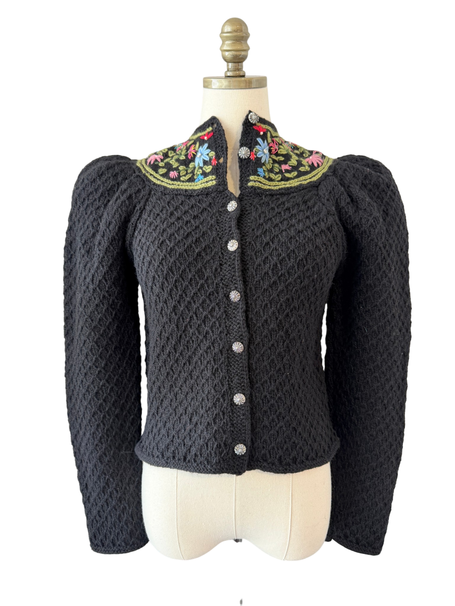 1970s Handmade Knit Cardigan with Floral Neck Detail and Silver Buttons