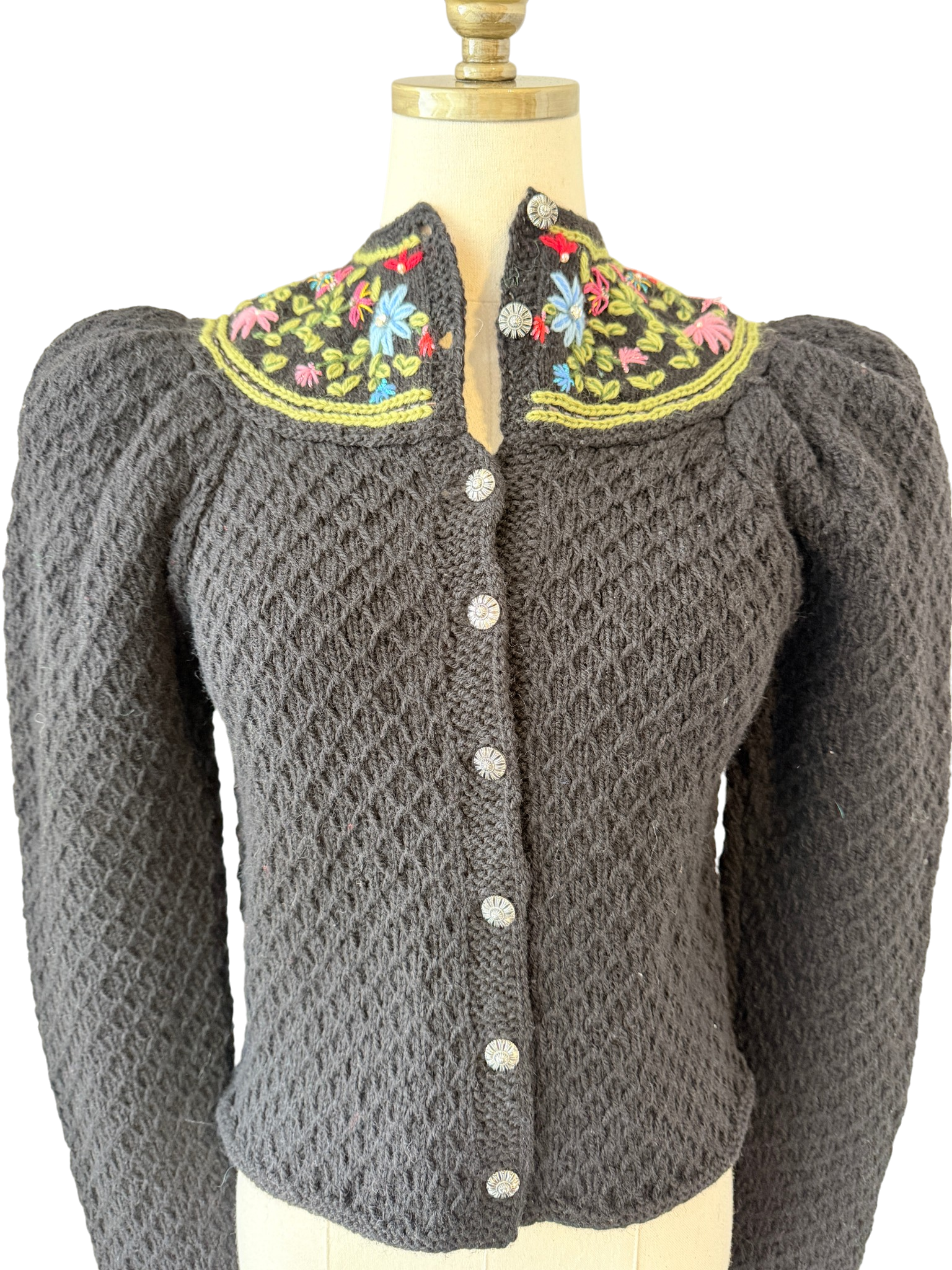 1970s Handmade Knit Cardigan with Floral Neck Detail and Silver Buttons