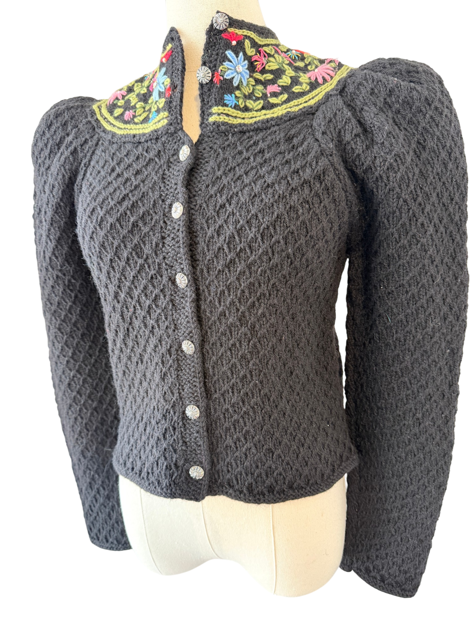 1970s Handmade Knit Cardigan with Floral Neck Detail and Silver Buttons