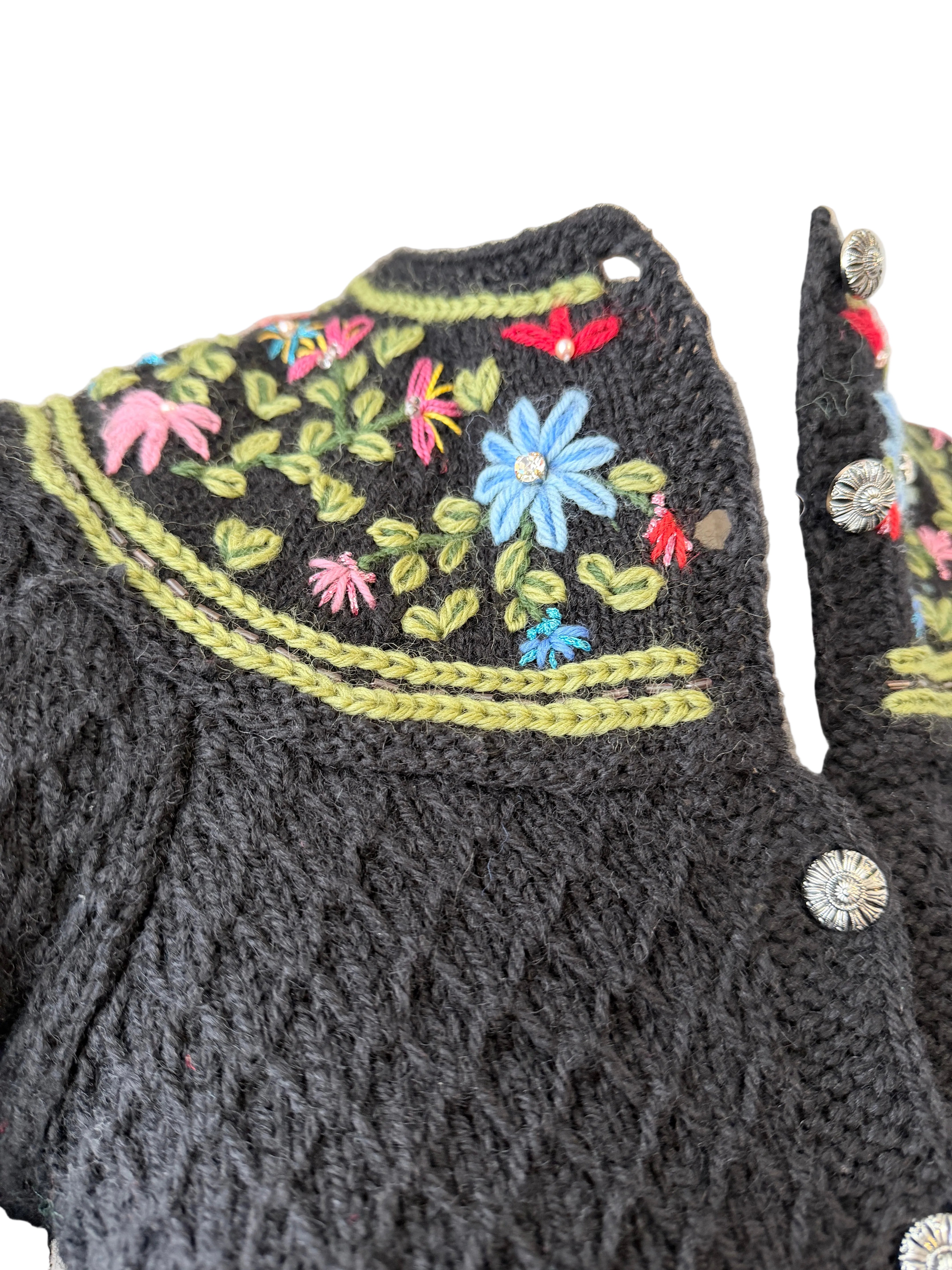 1970s Handmade Knit Cardigan with Floral Neck Detail and Silver Buttons