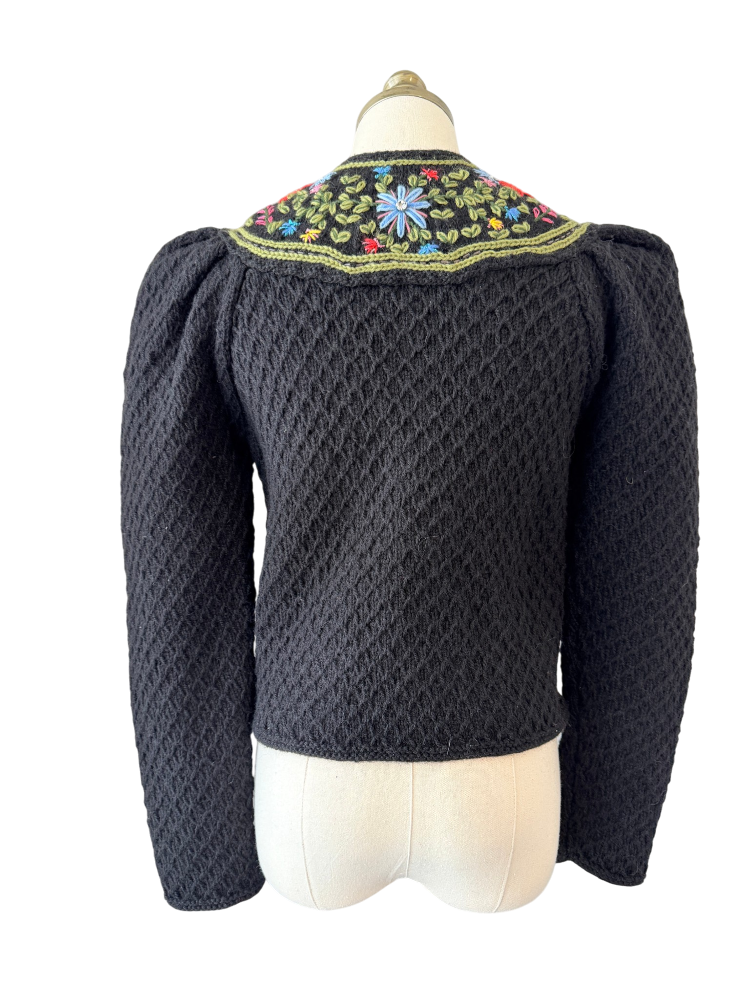 1970s Handmade Knit Cardigan with Floral Neck Detail and Silver Buttons