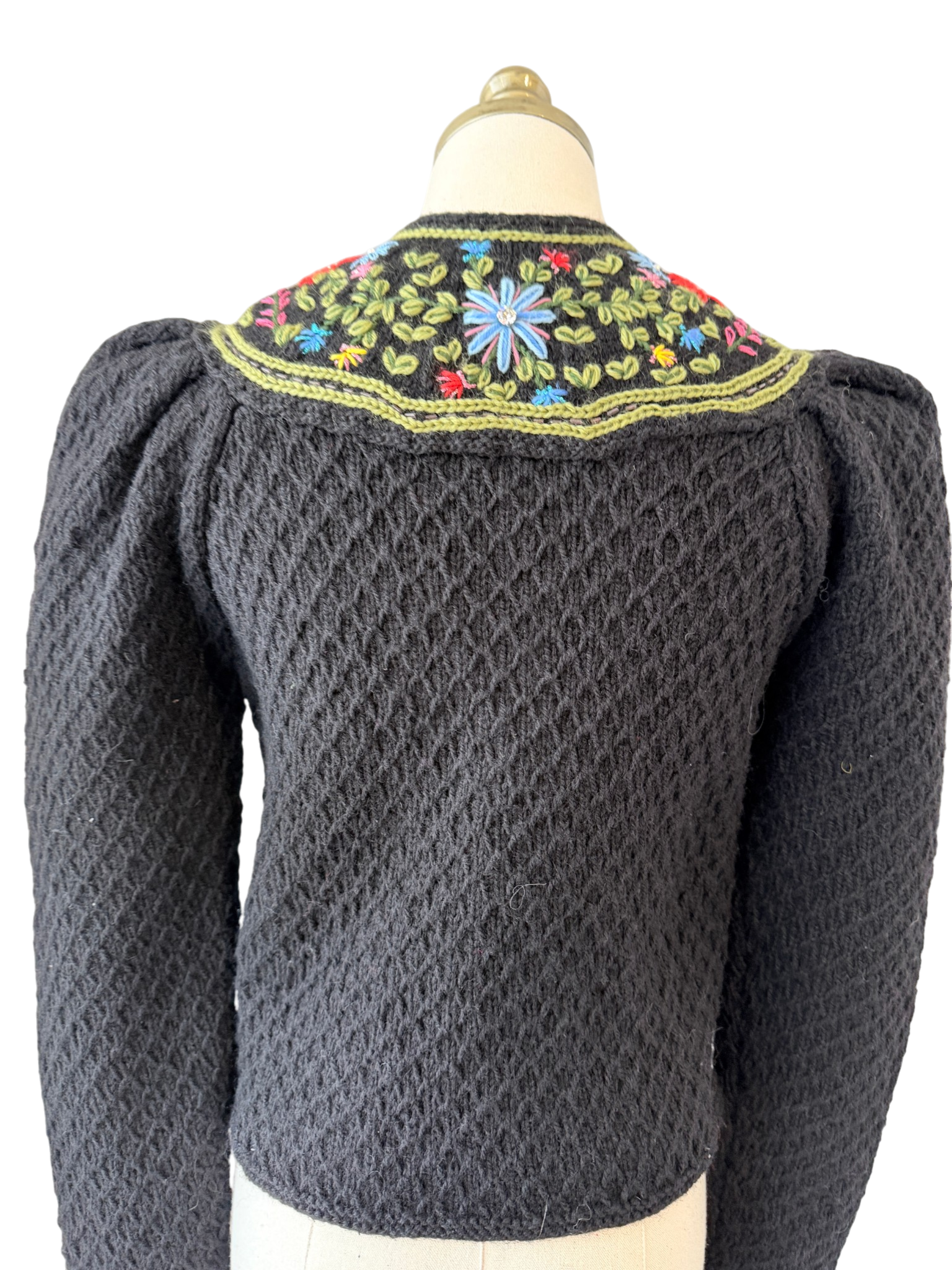 1970s Handmade Knit Cardigan with Floral Neck Detail and Silver Buttons