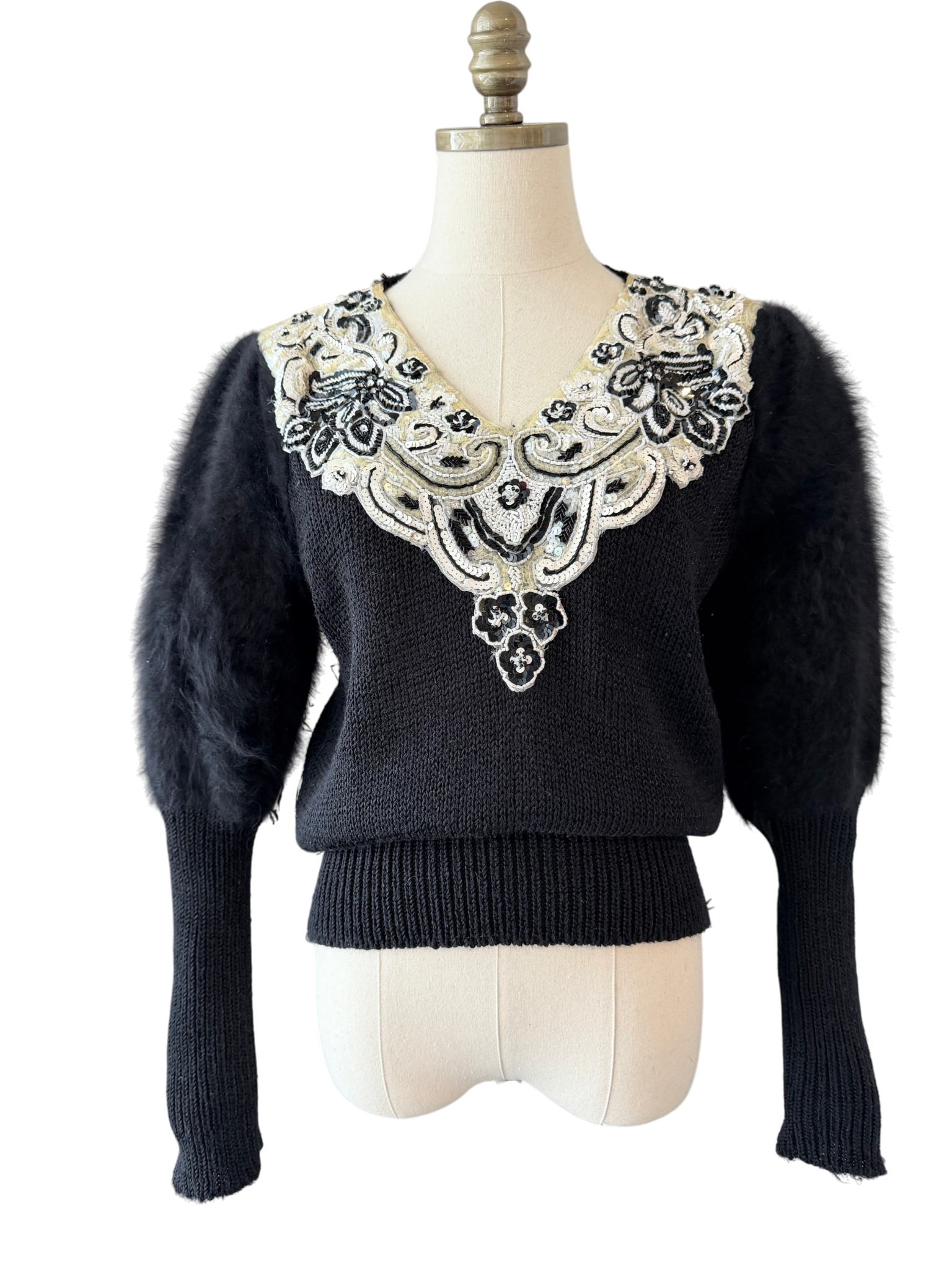 1980s Sideffects Black V-Neck Sweater with Beaded Appliqué Neckline and Angora Sleeves