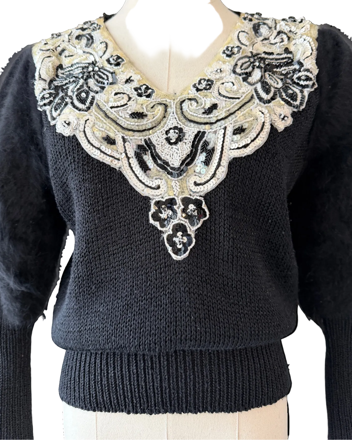 1980s Sideffects Black V-Neck Sweater with Beaded Appliqué Neckline and Angora Sleeves