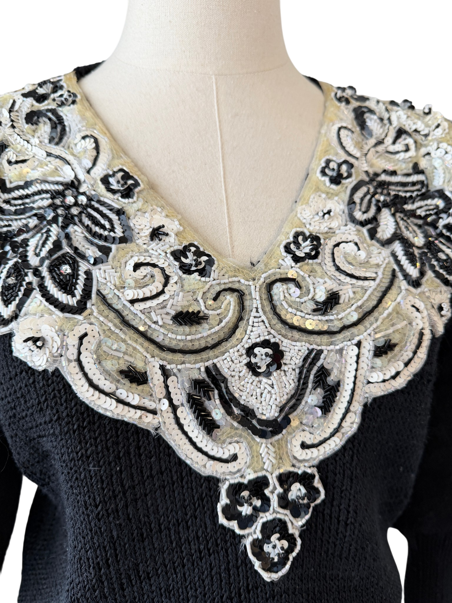 1980s Sideffects Black V-Neck Sweater with Beaded Appliqué Neckline and Angora Sleeves