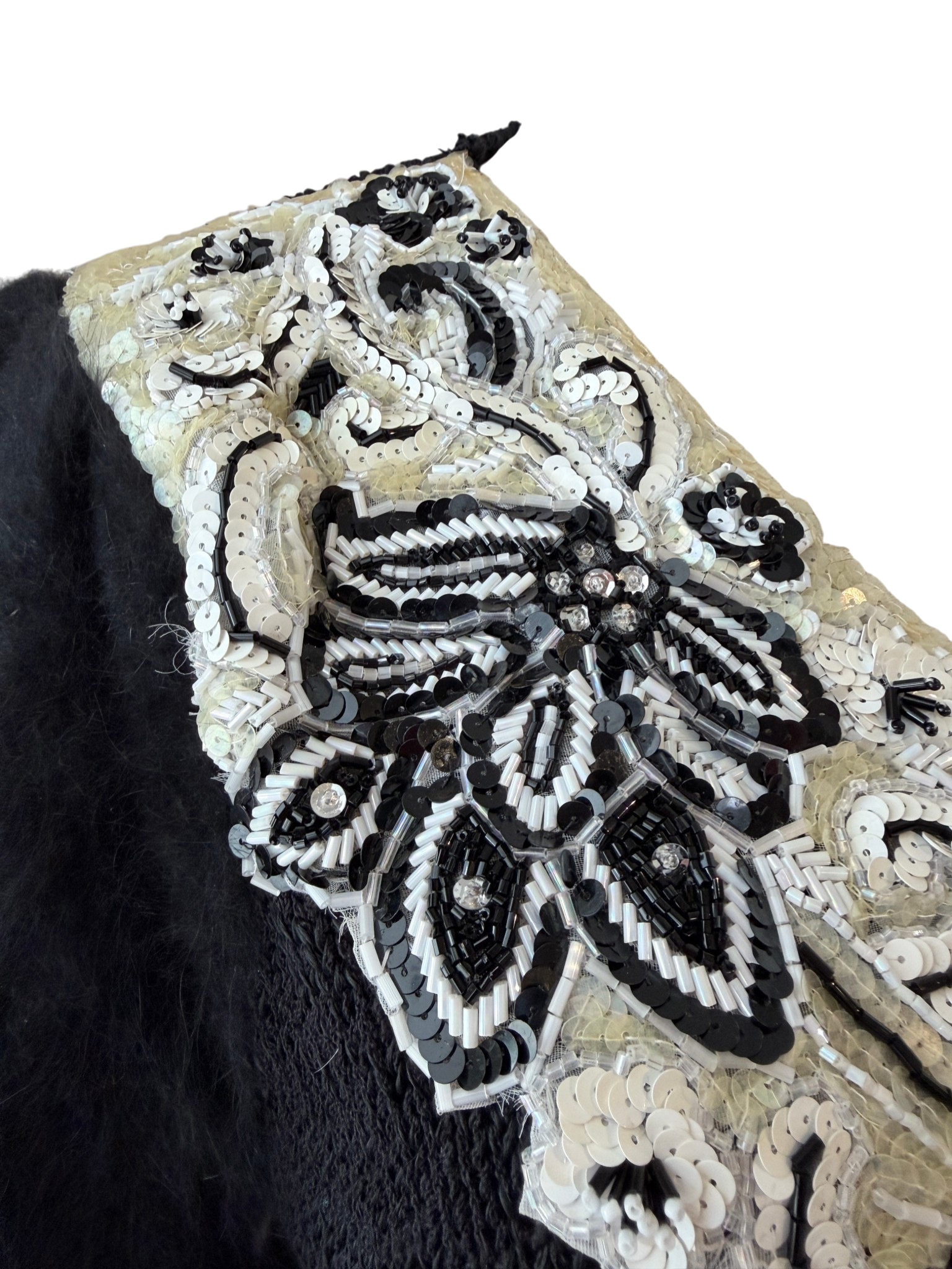 1980s Sideffects Black V-Neck Sweater with Beaded Appliqué Neckline and Angora Sleeves