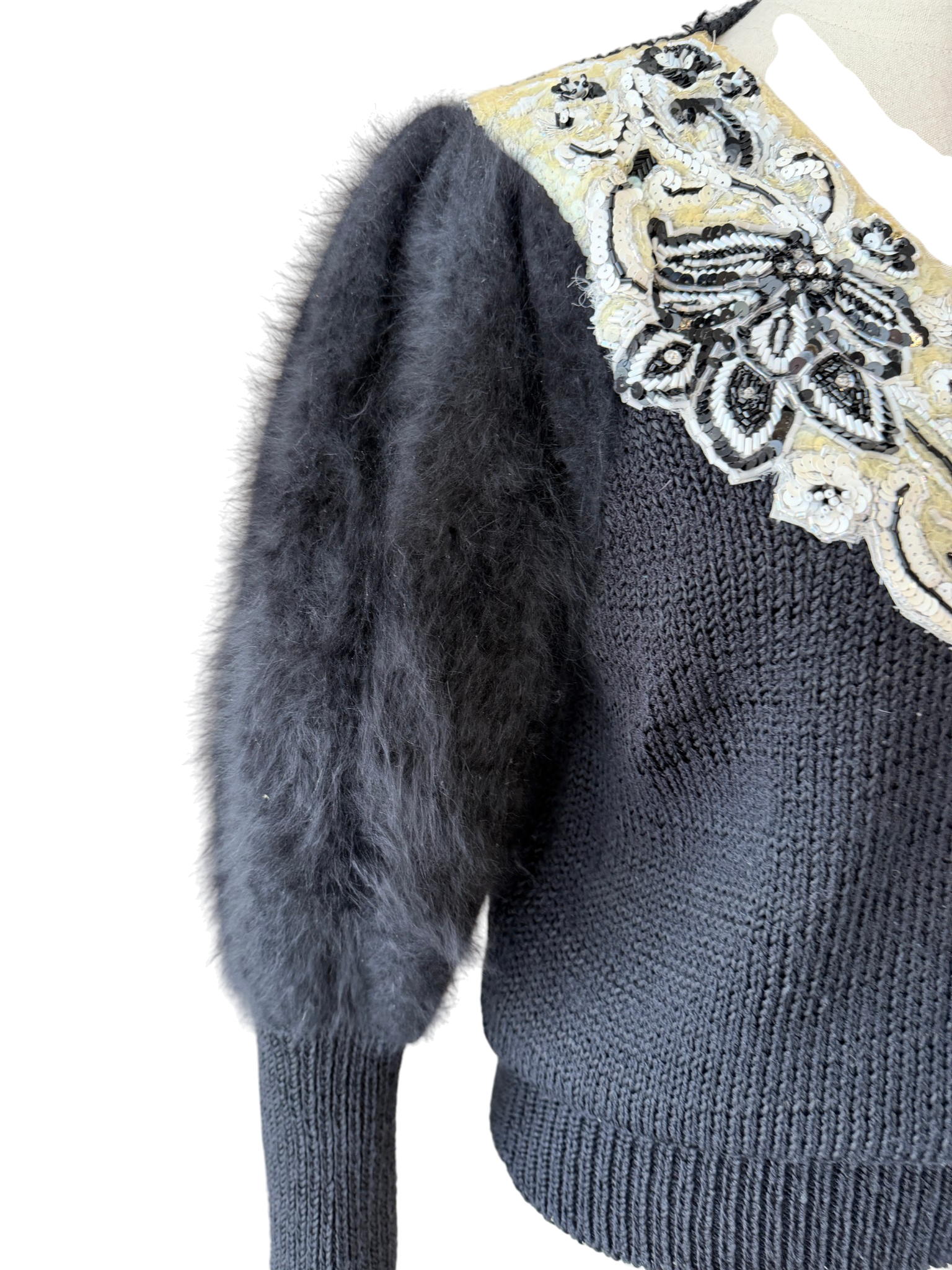 1980s Sideffects Black V-Neck Sweater with Beaded Appliqué Neckline and Angora Sleeves