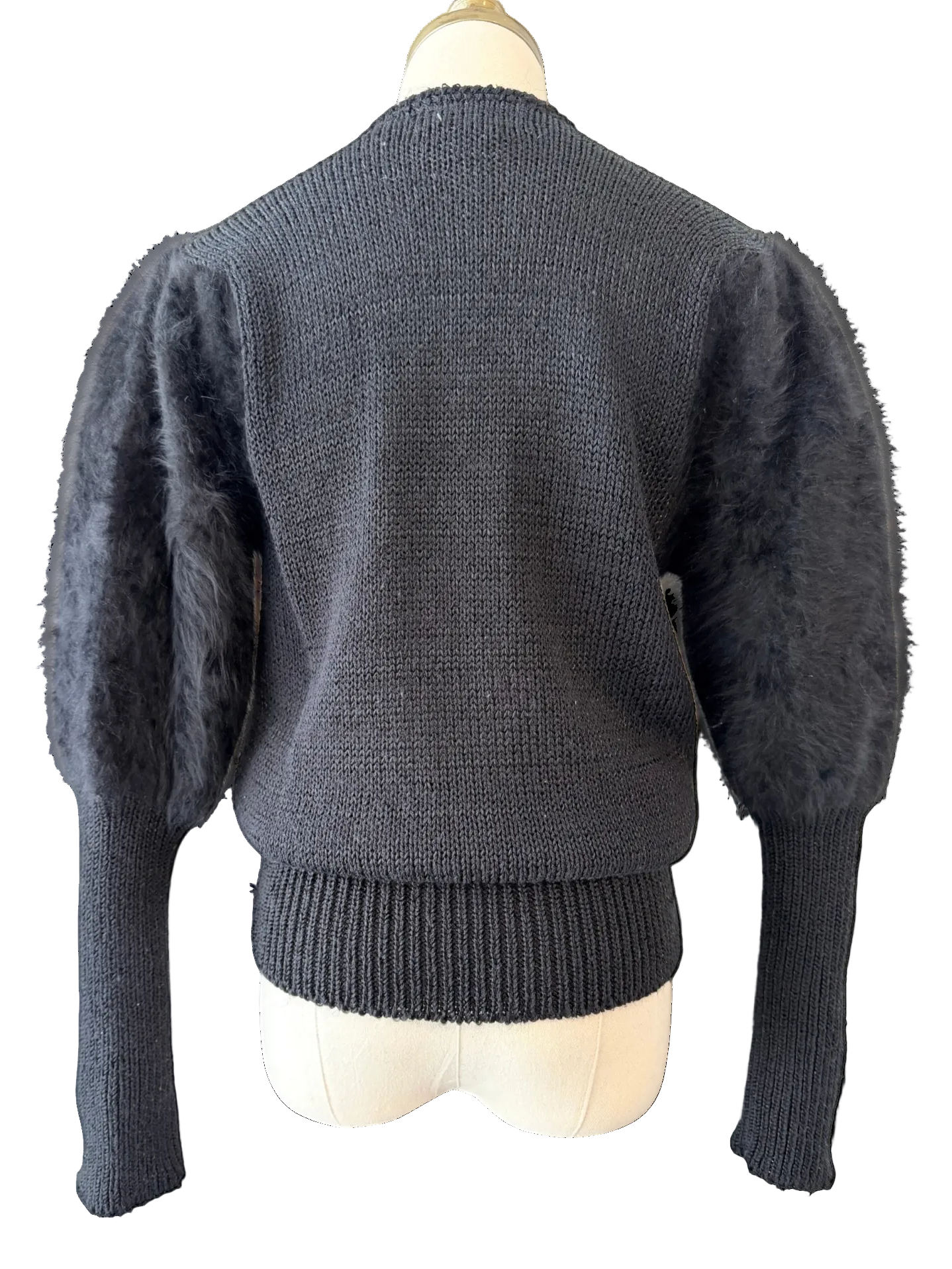 1980s Sideffects Black V-Neck Sweater with Beaded Appliqué Neckline and Angora Sleeves