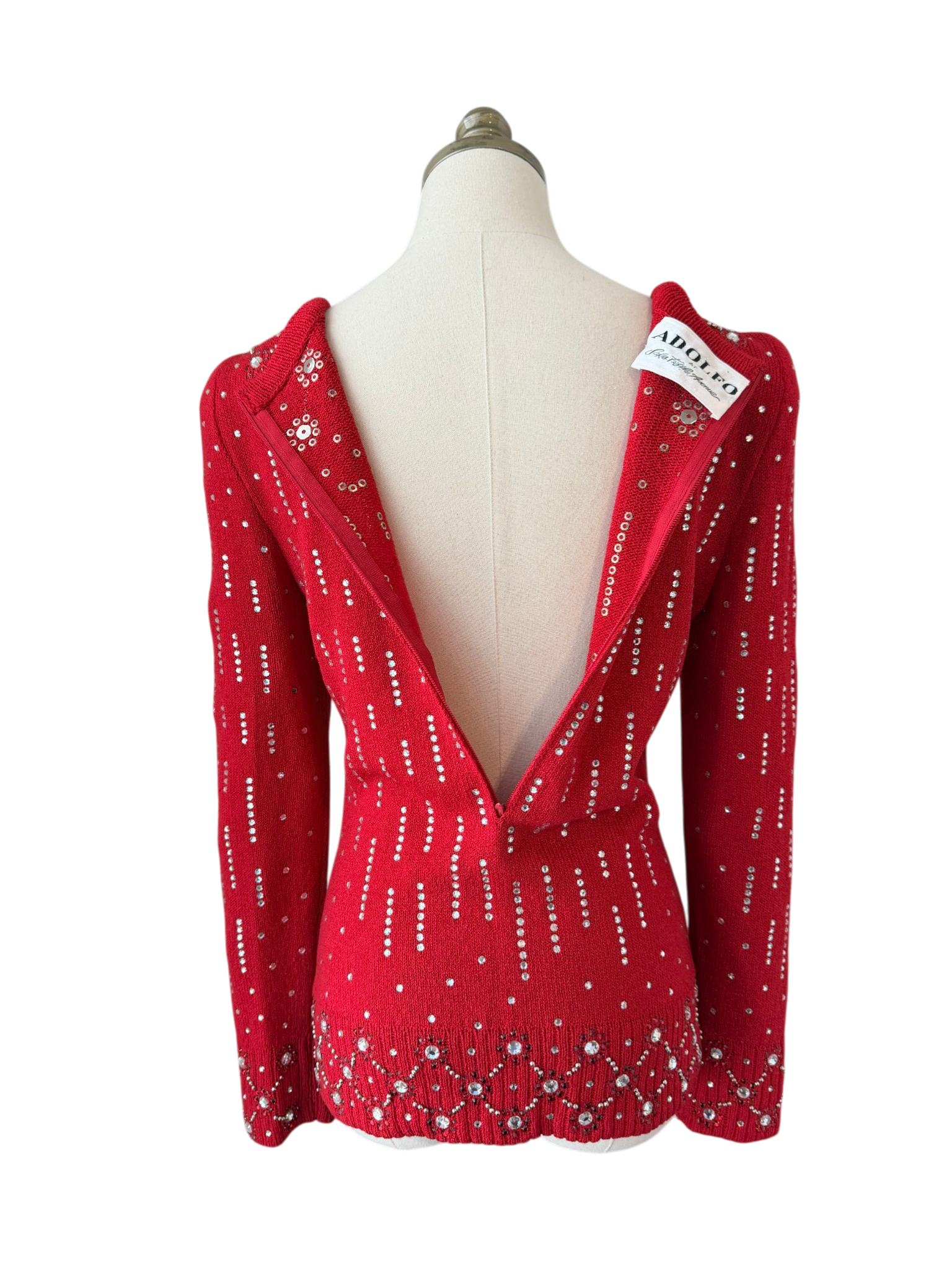 1960s Adolfo Knit Back-Zip Sweater with Rhinestone Studded Detail