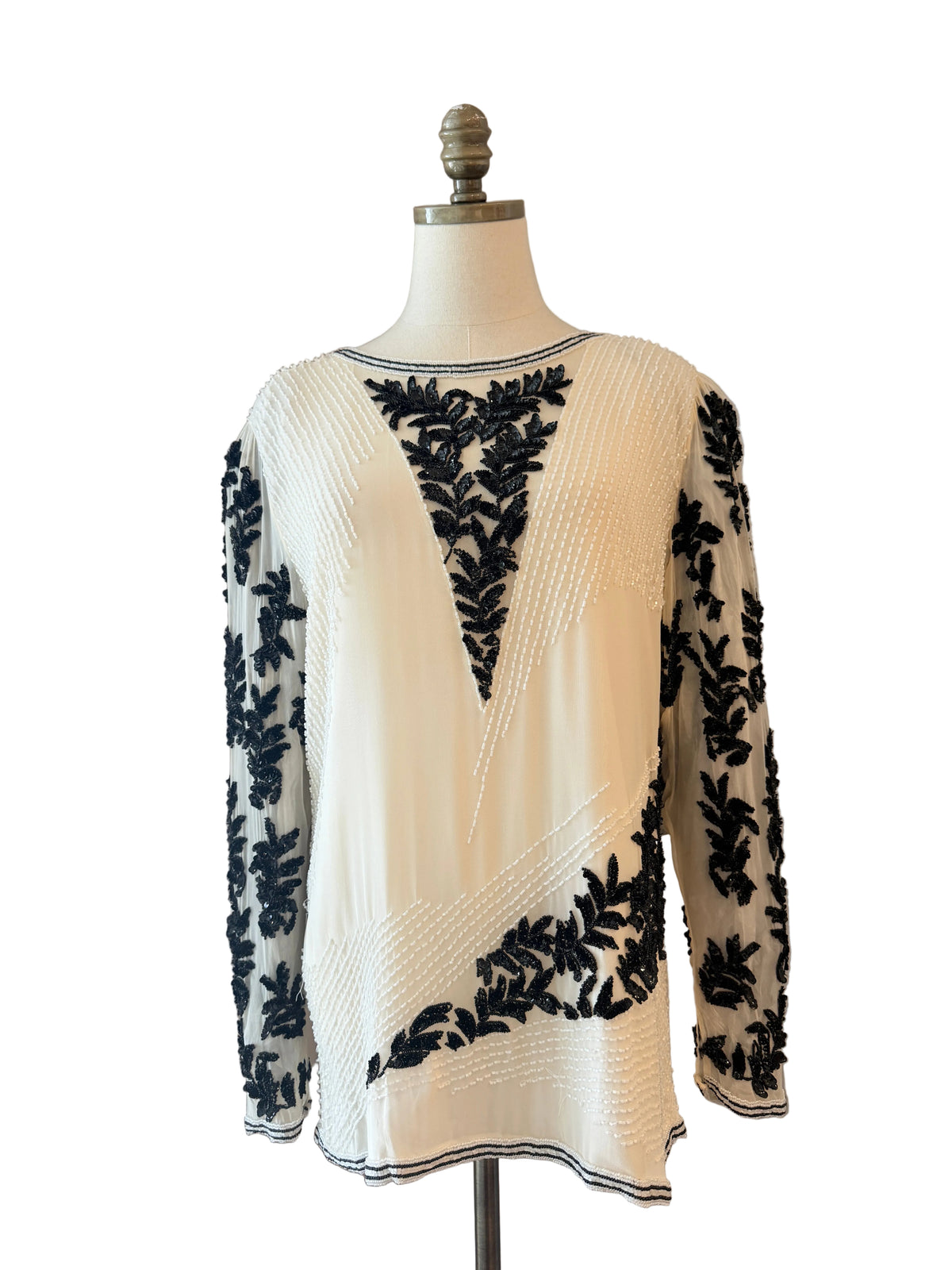 1980s Oleg Cassini White Sheer Evening Tunic with Black Sequin & Beaded Leaf Motifs
