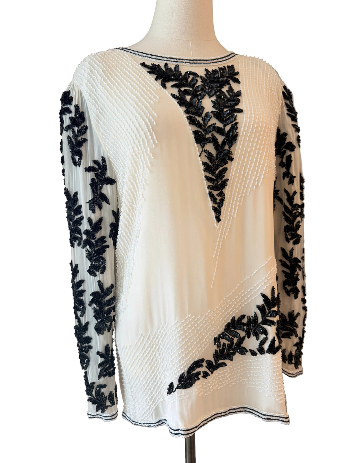 1980s Oleg Cassini White Sheer Evening Tunic with Black Sequin & Beaded Leaf Motifs