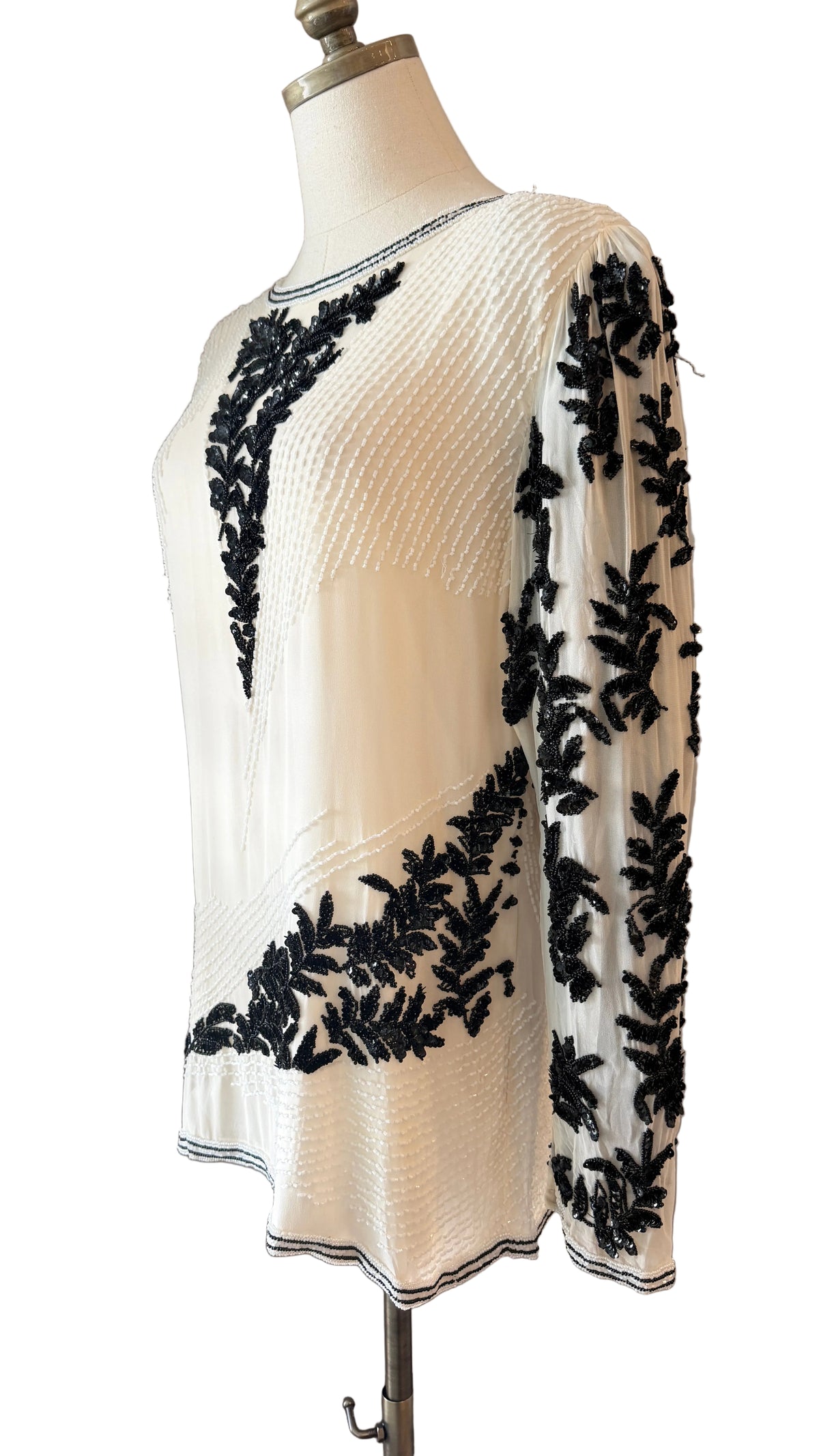 1980s Oleg Cassini White Sheer Evening Tunic with Black Sequin & Beaded Leaf Motifs