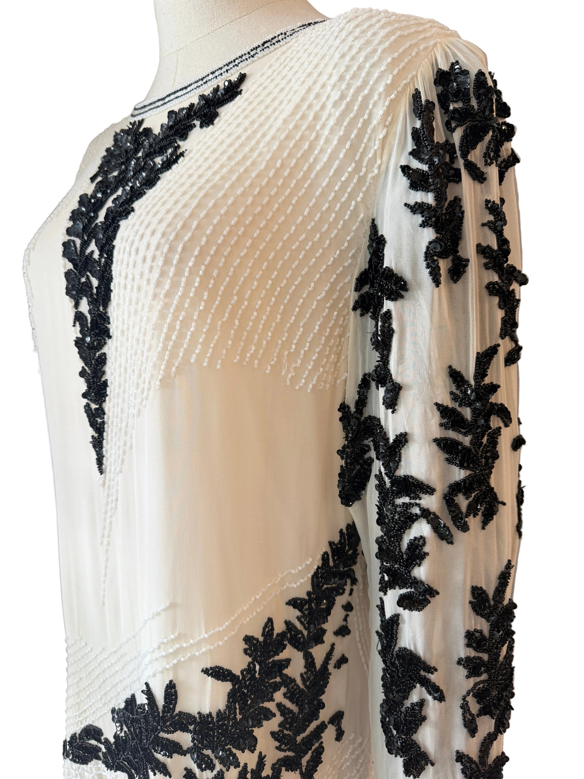 1980s Oleg Cassini White Sheer Evening Tunic with Black Sequin & Beaded Leaf Motifs