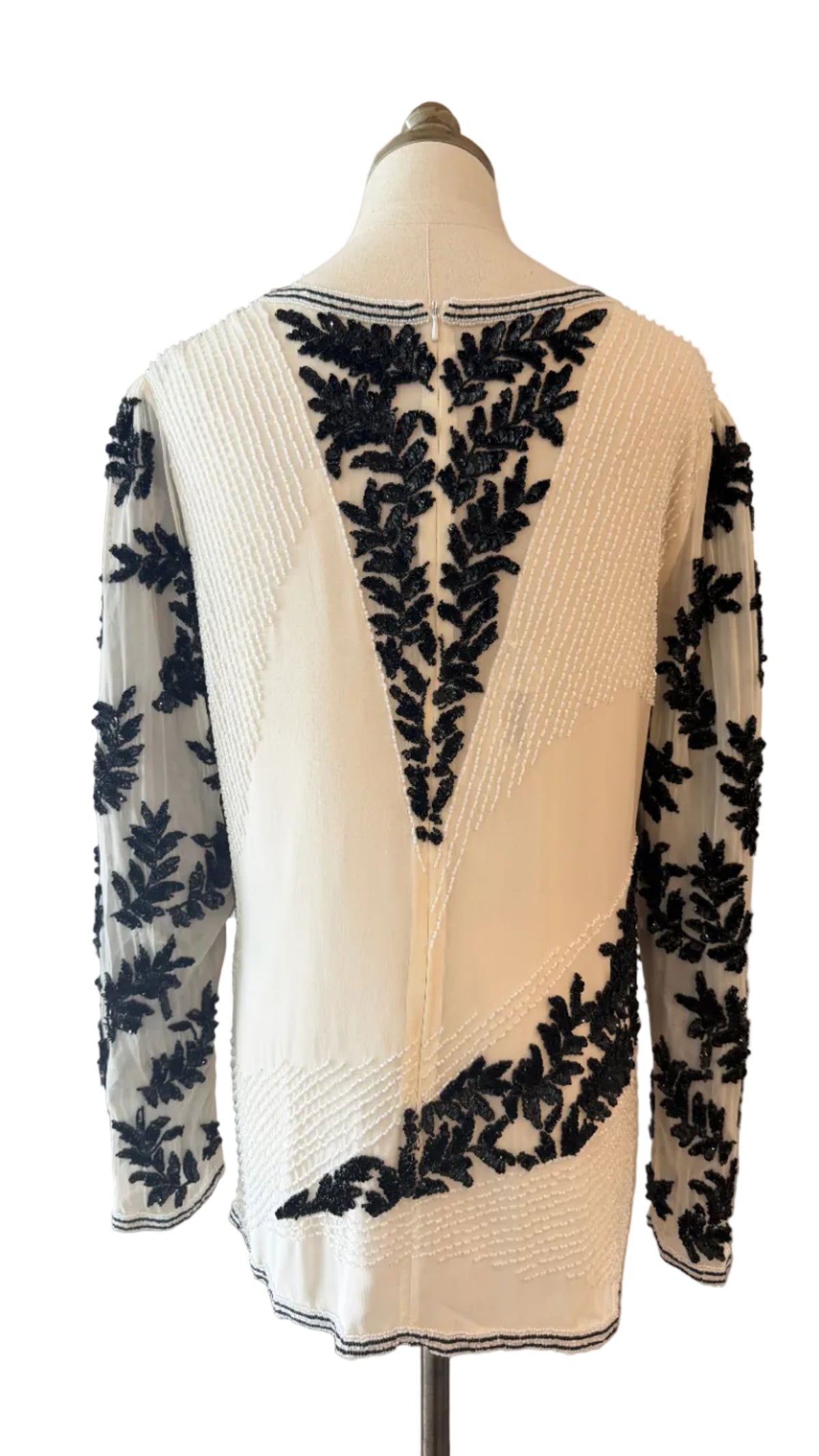1980s Oleg Cassini White Sheer Evening Tunic with Black Sequin & Beaded Leaf Motifs