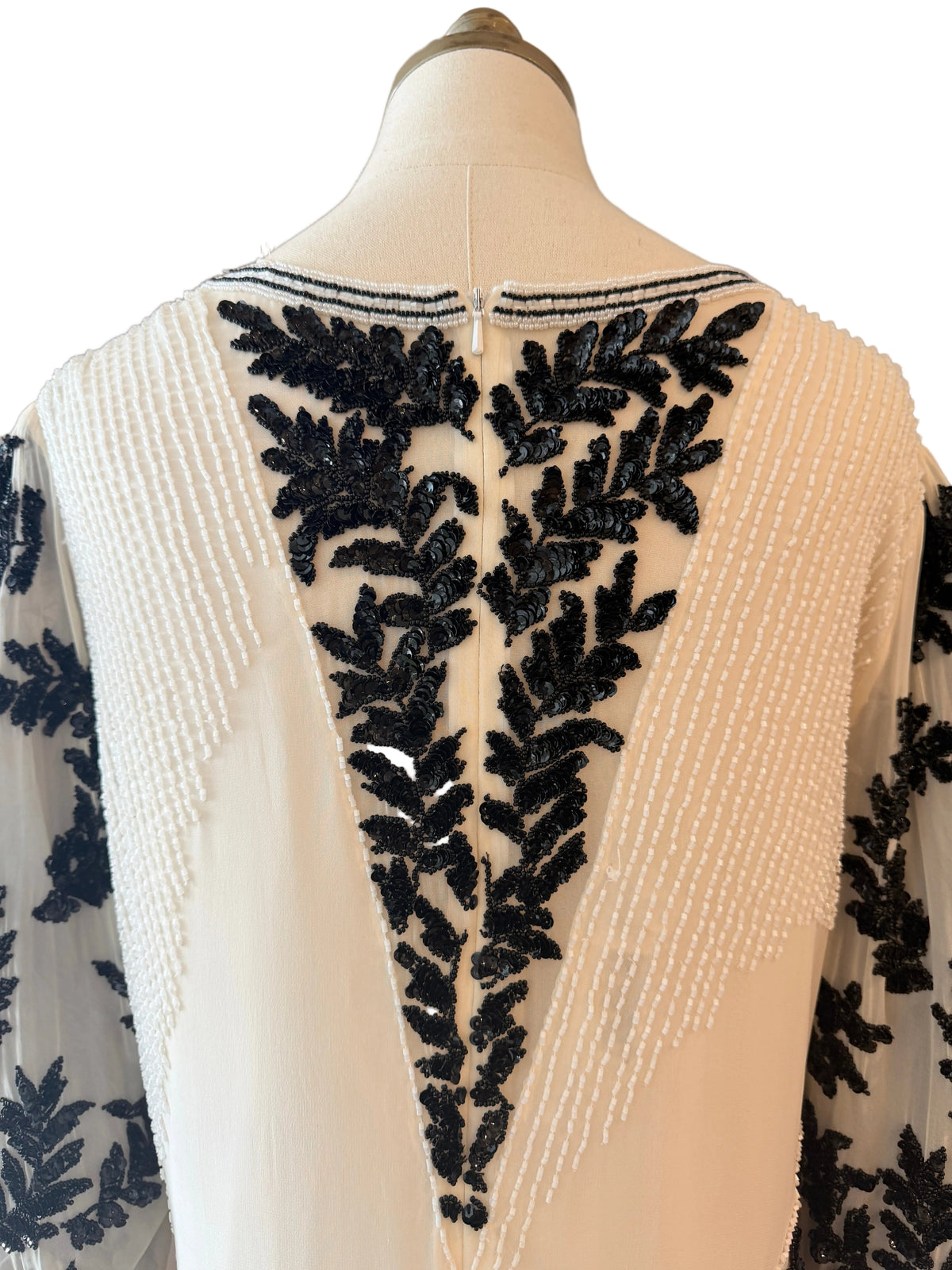 1980s Oleg Cassini White Sheer Evening Tunic with Black Sequin & Beaded Leaf Motifs