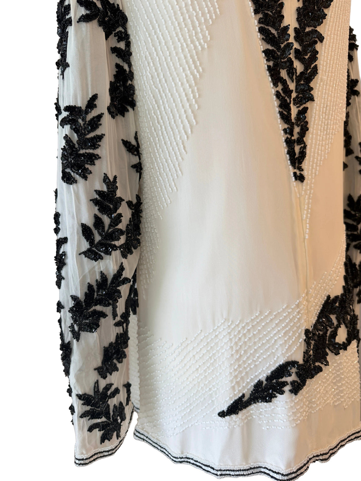 1980s Oleg Cassini White Sheer Evening Tunic with Black Sequin & Beaded Leaf Motifs