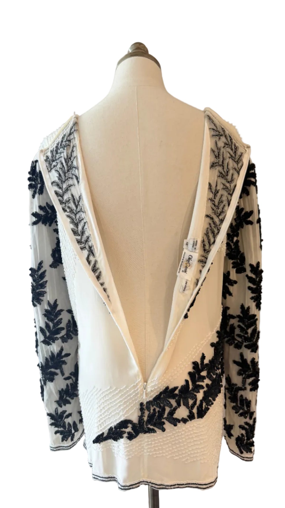 1980s Oleg Cassini White Sheer Evening Tunic with Black Sequin & Beaded Leaf Motifs