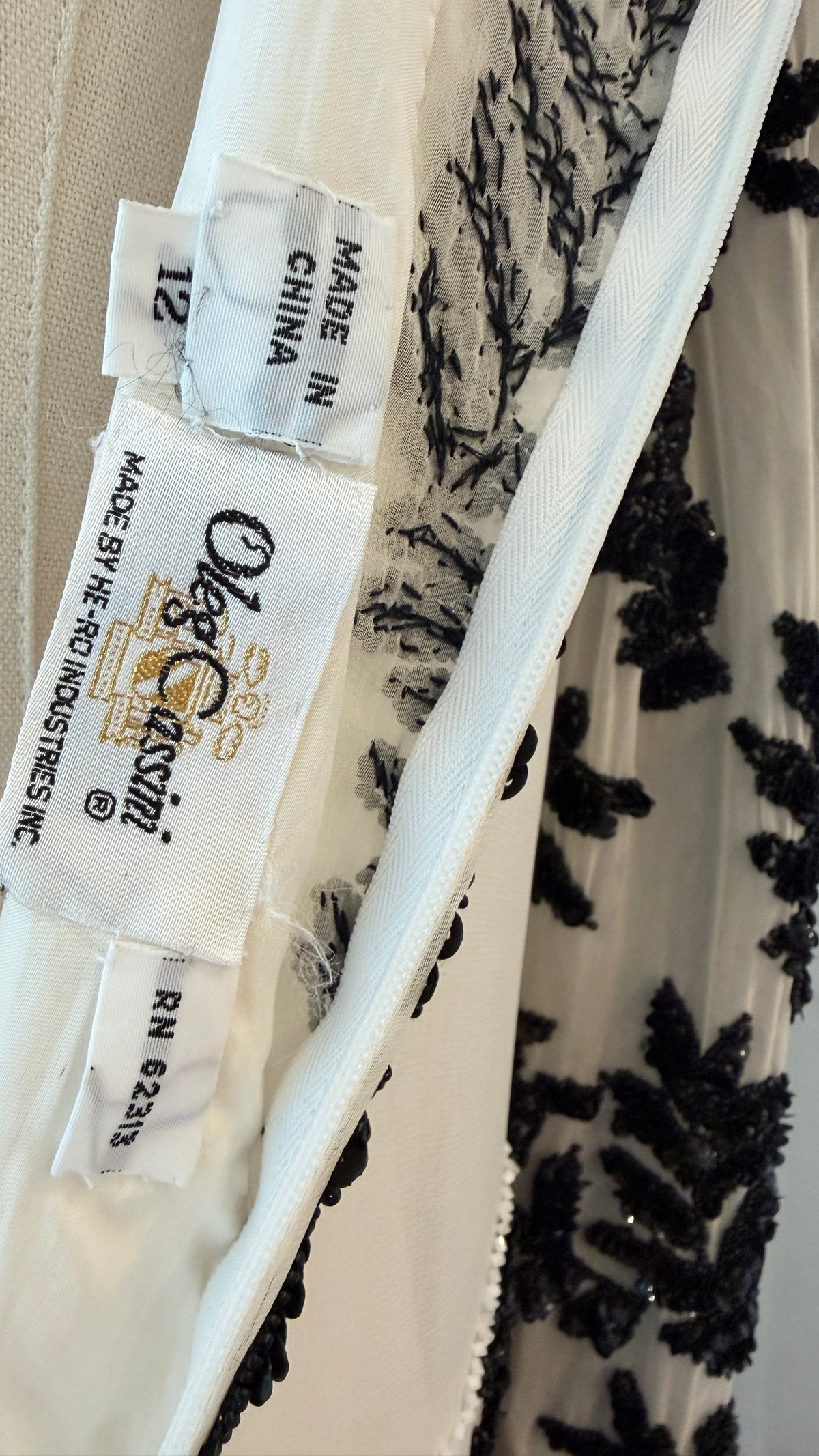 1980s Oleg Cassini White Sheer Evening Tunic with Black Sequin & Beaded Leaf Motifs
