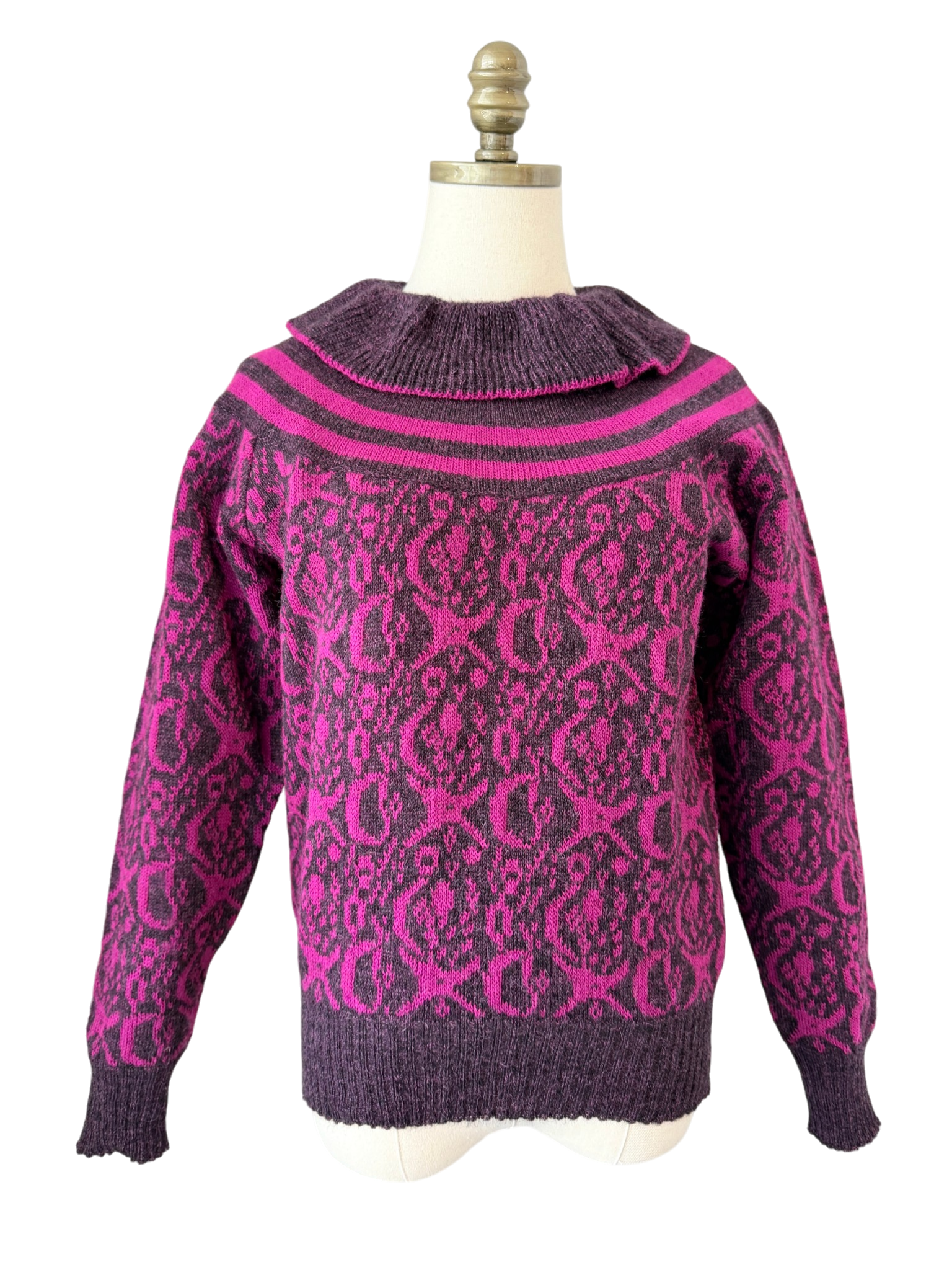 1970s Guy Laroche Magenta &amp; Black Sweater with Ruffle Collar