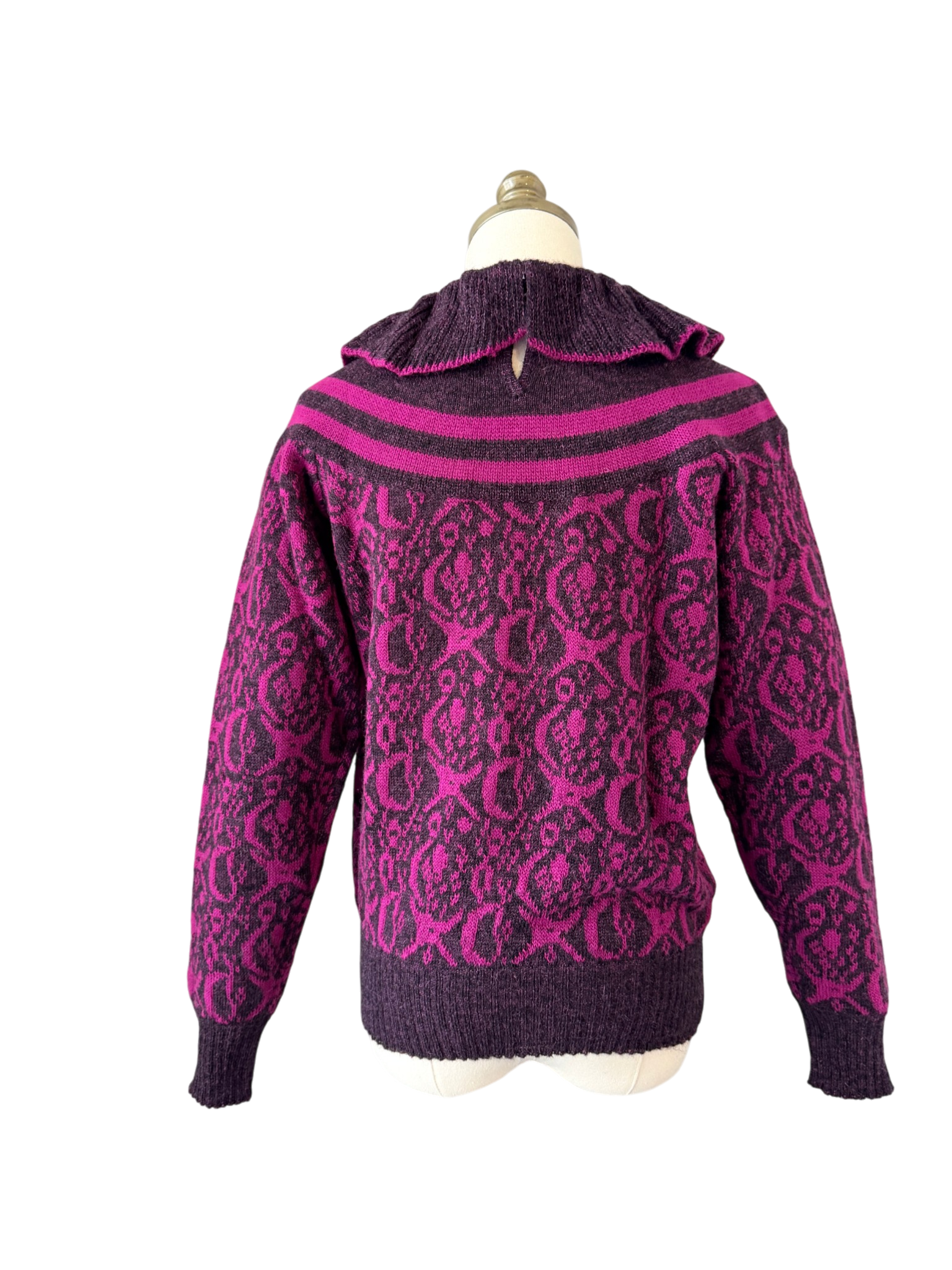 1970s Guy Laroche Magenta &amp; Black Sweater with Ruffle Collar