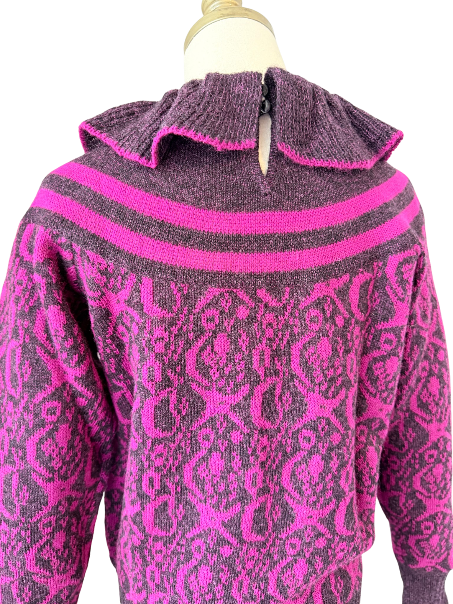 1970s Guy Laroche Magenta & Black Sweater with Ruffle Collar