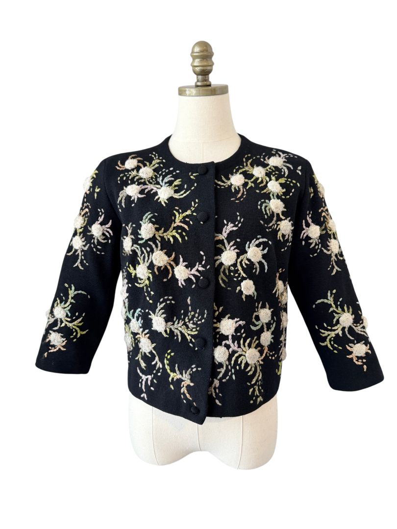 Hutzler Brothers Co. Black Wool Cardigan with Embroidered Puff Flowers