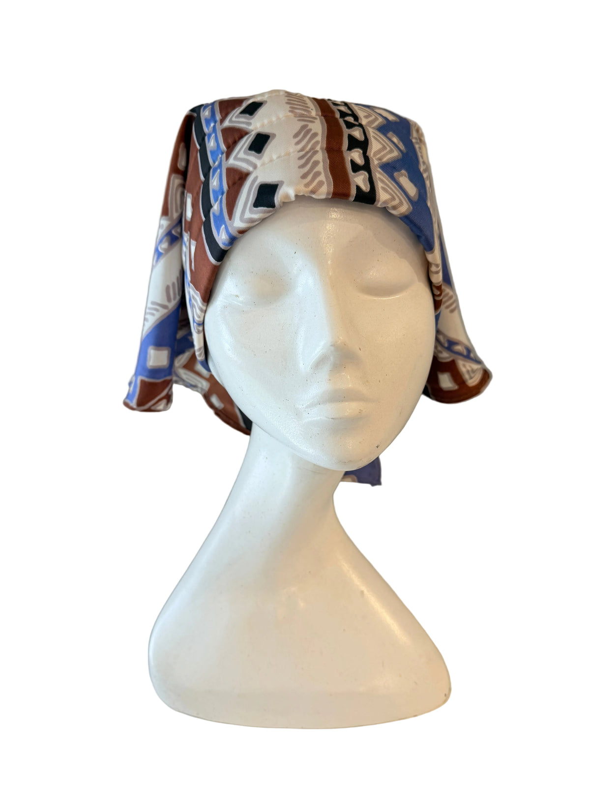 1960s Silk Geometric Print Quilted Face Head Wrap