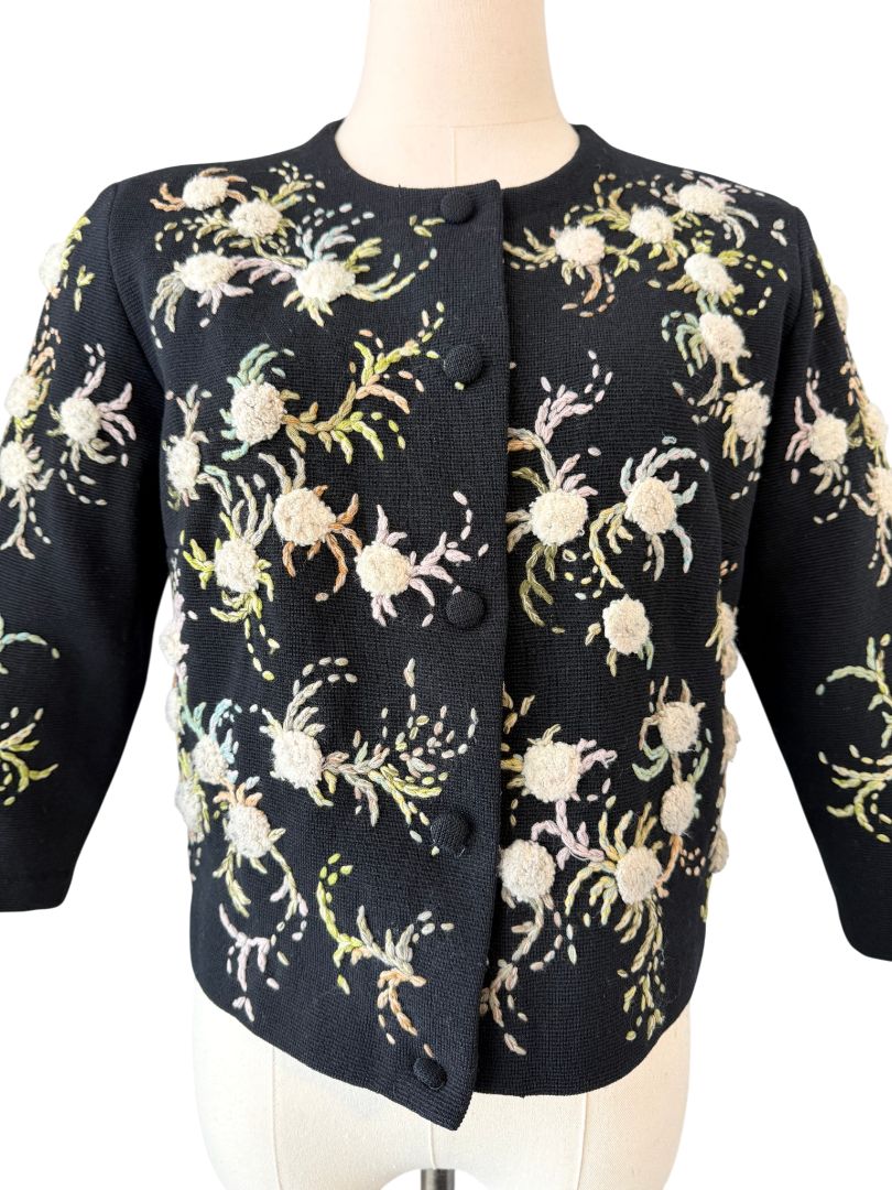 Hutzler Brothers Co. Black Wool Cardigan with Embroidered Puff Flowers