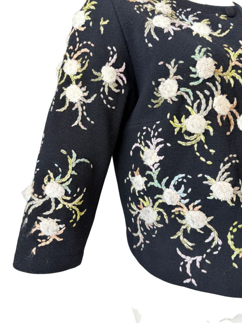 Hutzler Brothers Co. Black Wool Cardigan with Embroidered Puff Flowers