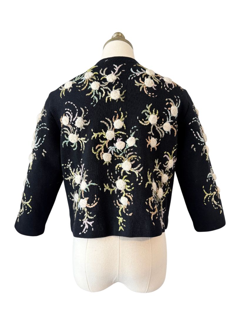 Hutzler Brothers Co. Black Wool Cardigan with Embroidered Puff Flowers