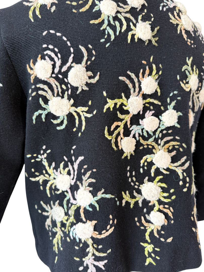 Hutzler Brothers Co. Black Wool Cardigan with Embroidered Puff Flowers
