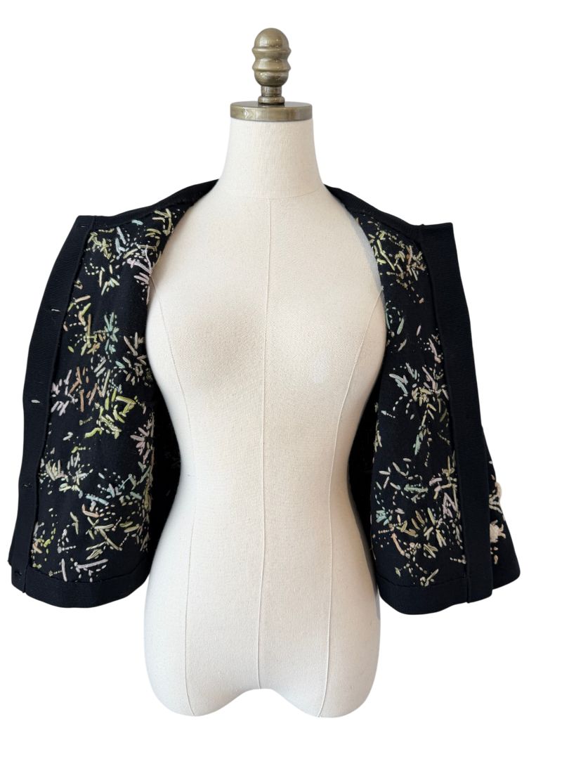 Hutzler Brothers Co. Black Wool Cardigan with Embroidered Puff Flowers