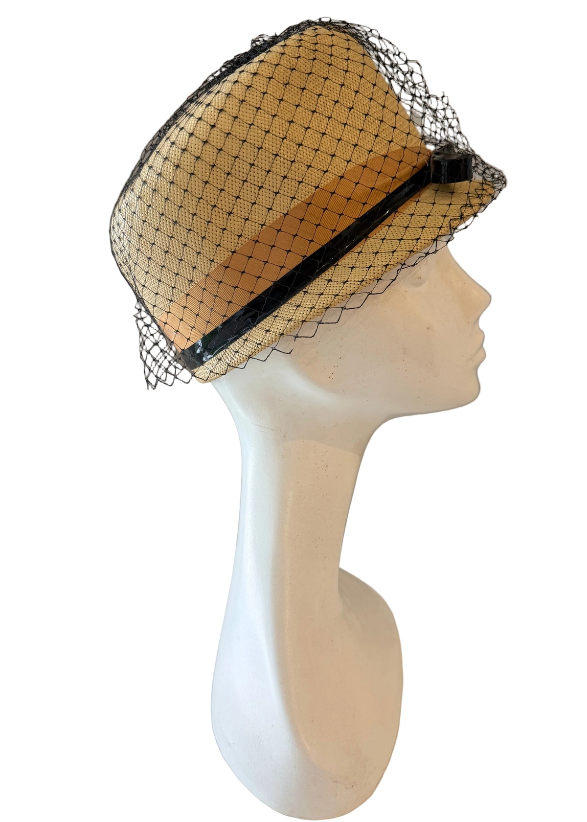 1960s Roos Bros. Straw Hat with Black Birdcage Veil