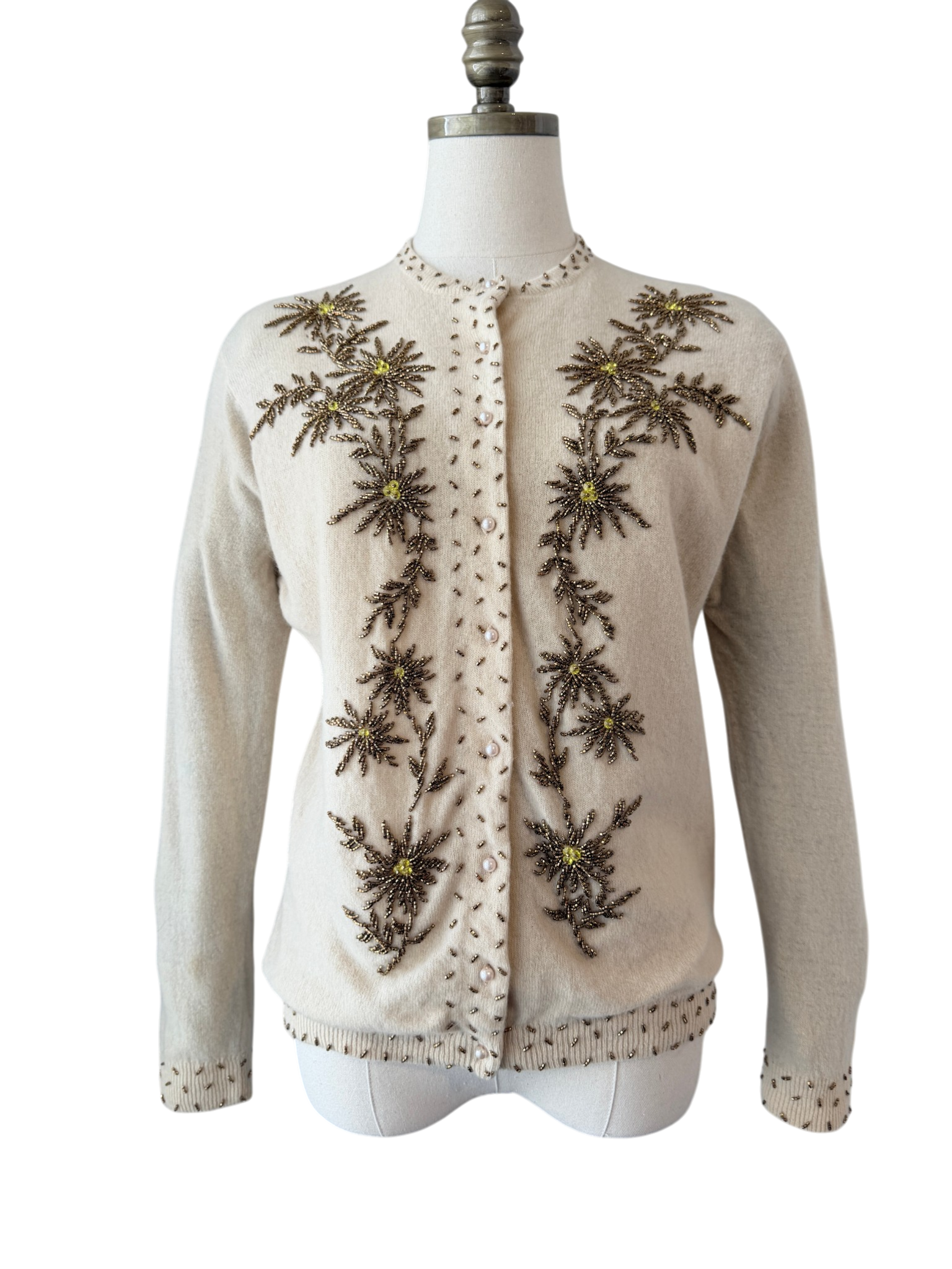 1950s Floral Beaded Wool Button-Front Cardigan